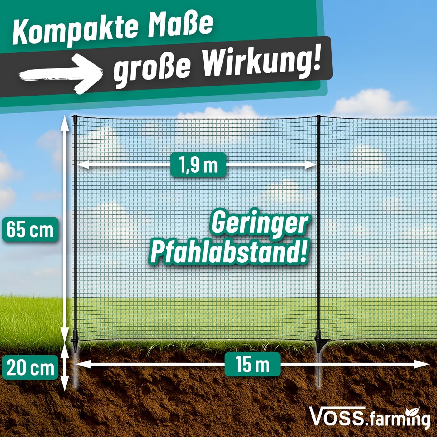 VOSS.farming Begrenzungszaun Classic ohne Strom, 15m, 65cm, 9 Pfähle, 1 Spitze, grün, Kleintiernetz, mobiler Zaun, Gartenzaun, für Garten, Haus, Hof
