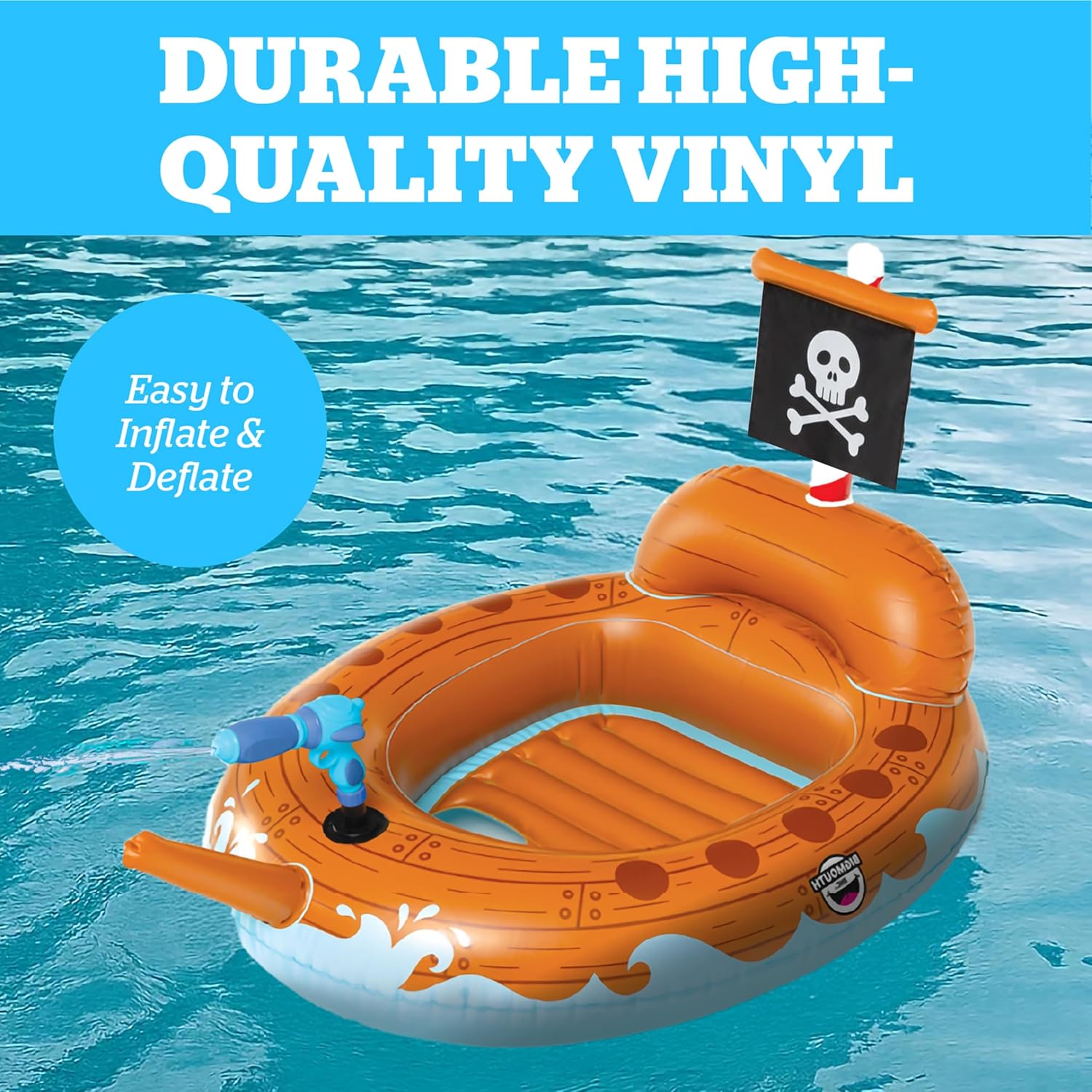 Pirate Ship Water Blaster Float, Inflatable Ride-On with Spray Gun for Kids, Outdoor Swim Toy