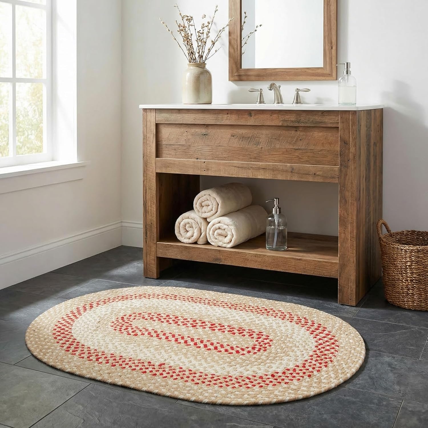 Super Area Rugs Oval 2' X 3' Beige - Red - Ivory Oval Braided Rug for Farmhouse Style Kitchens and Bathrooms