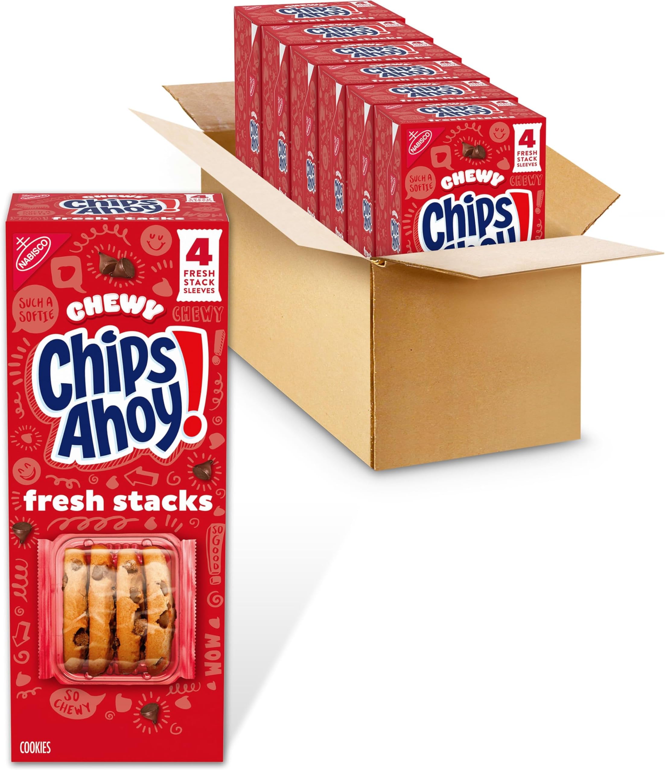 Fresh Stacks Chewy Chocolate Chip Cookies, Bulk Travel Snacks, 6 Boxes (24 Multi Snack Packs)