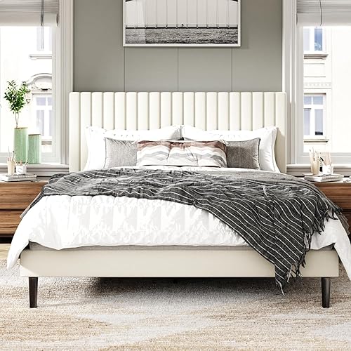 Miniatura 8 de Base de cama tamaño Full con cabecera acolchada en terciopelo, cama plataforma con listones de madera resistentes, base para colchón, somier Negro