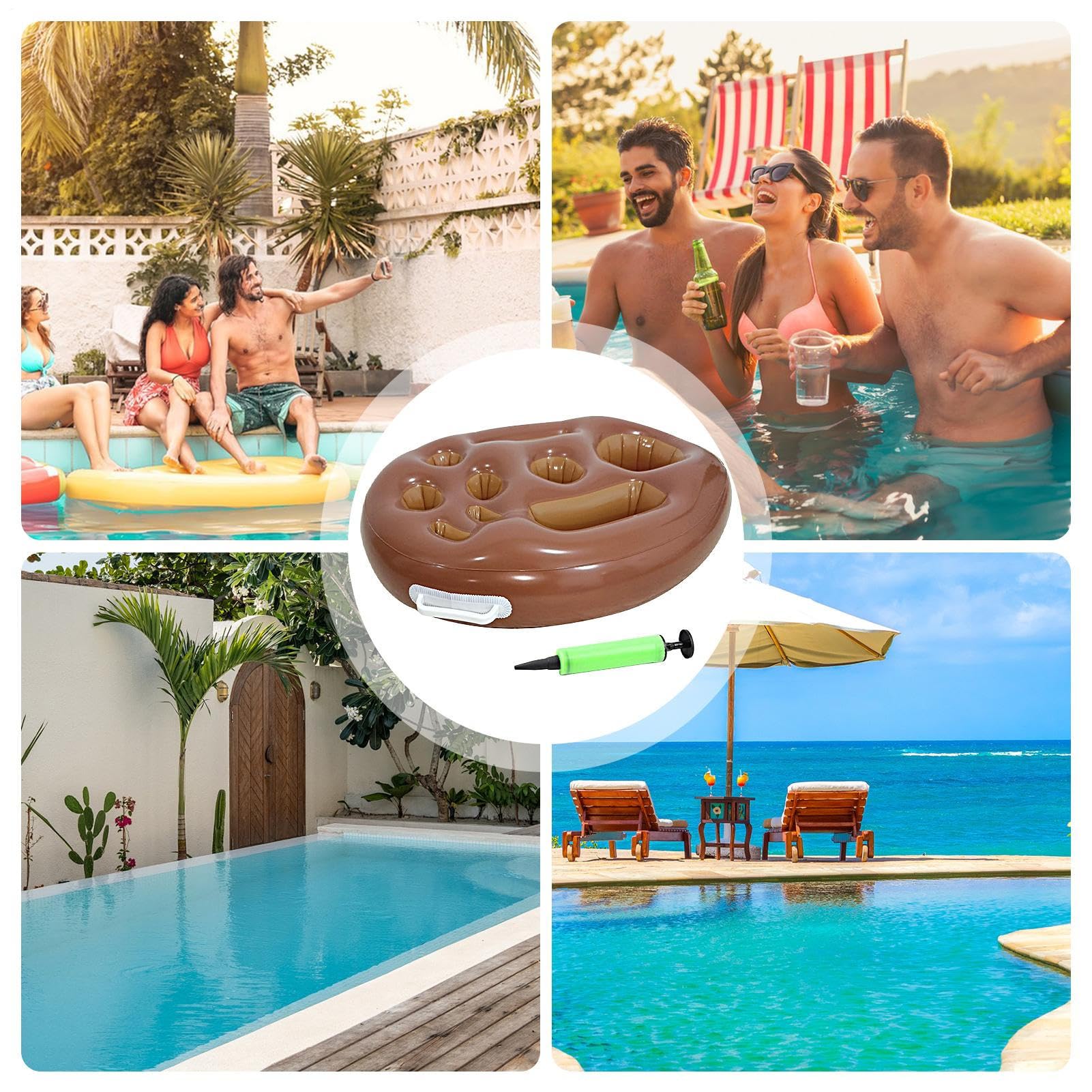 Porta bevande per piscina, vassoio galleggiante a 9 fori, organizer pieghevole per bevande, in PVC, include pompa manuale, per terrazza, spiaggia, compleanno in famiglia, nuoto, picnic, vasca
