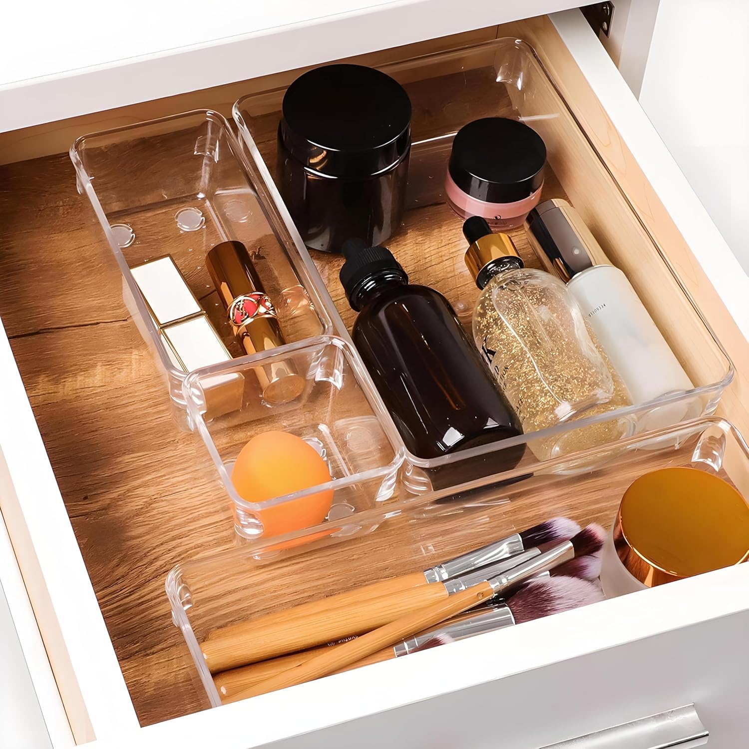 Kuber Industries Set organizer da cucina, set di vassoi organizer per trucchi, vassoio divisorio per cassetto da scrivania, set organizer multiuso, organizer per cancelleria, set da 16 pezzi,