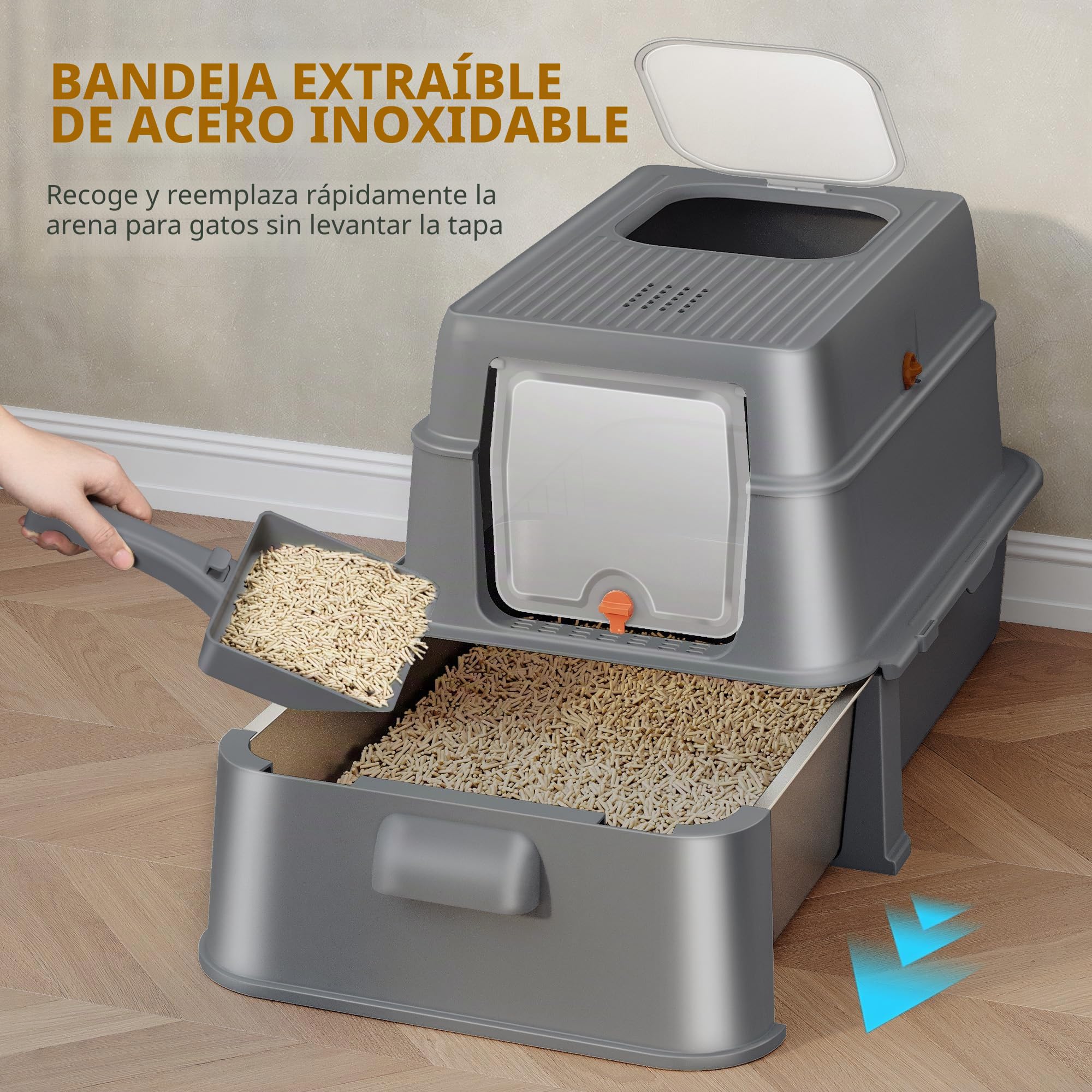 Arenero Acero Inoxidable Gatos con Cajón, 65x44x40cm, Gris Oscuro | XXL Arenero Metalico Cerrado para Gatos, Incluye Pedal y Pala, Control de Olores, Fácil de Limpiar, Dos Entradas FPLB201SG2