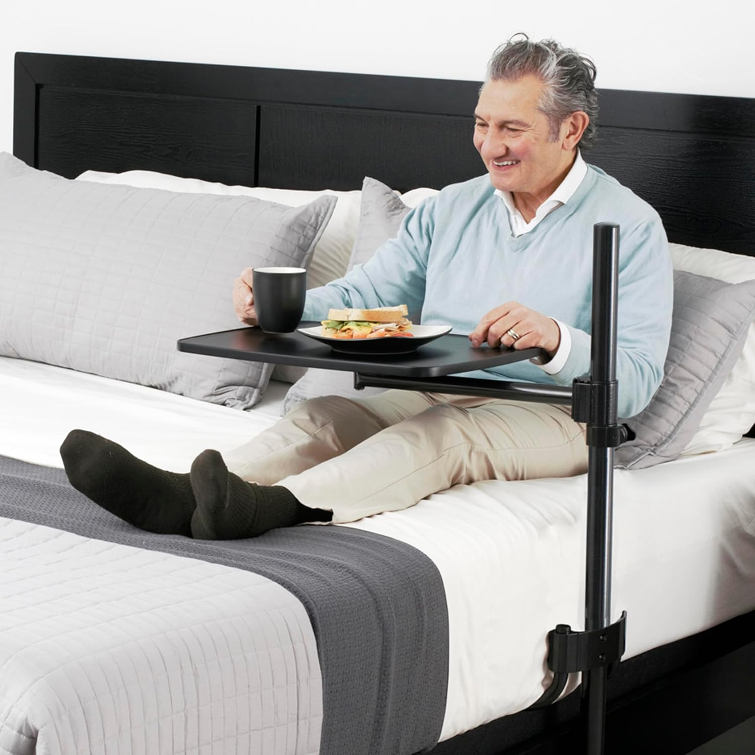 Adjustable Black Overbed Table with Swivel Tray