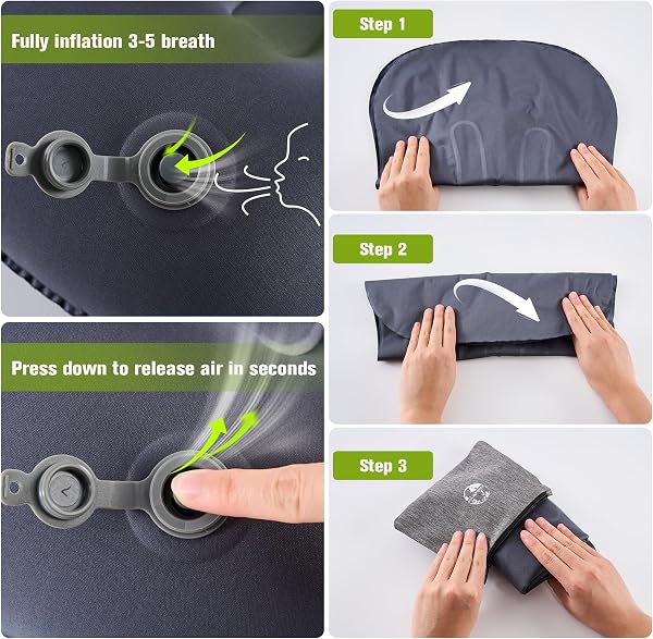 JetsCush Almohada de Camping Ligera y Compacta, Almohada Hinchable de Playa y Viaje con Aire y Soporte Ergonómico para Acampada, Senderismo y Accesorios Camping (Gris) - 5
