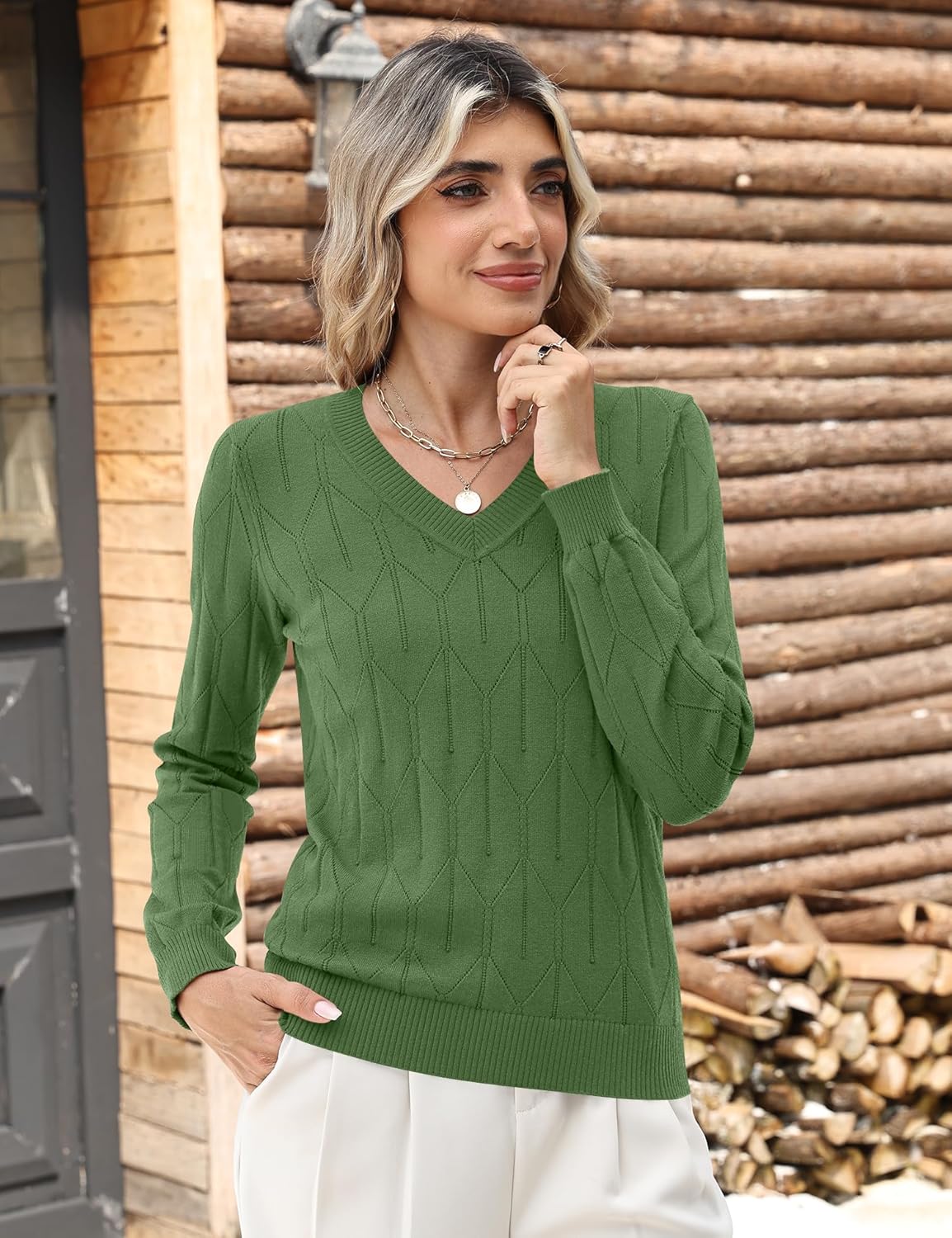 AKEWEI Fall Sweaters for Women 2026 V Neck Long Sleeve Pullover Crochet Dressy Casual Tops - Image 4