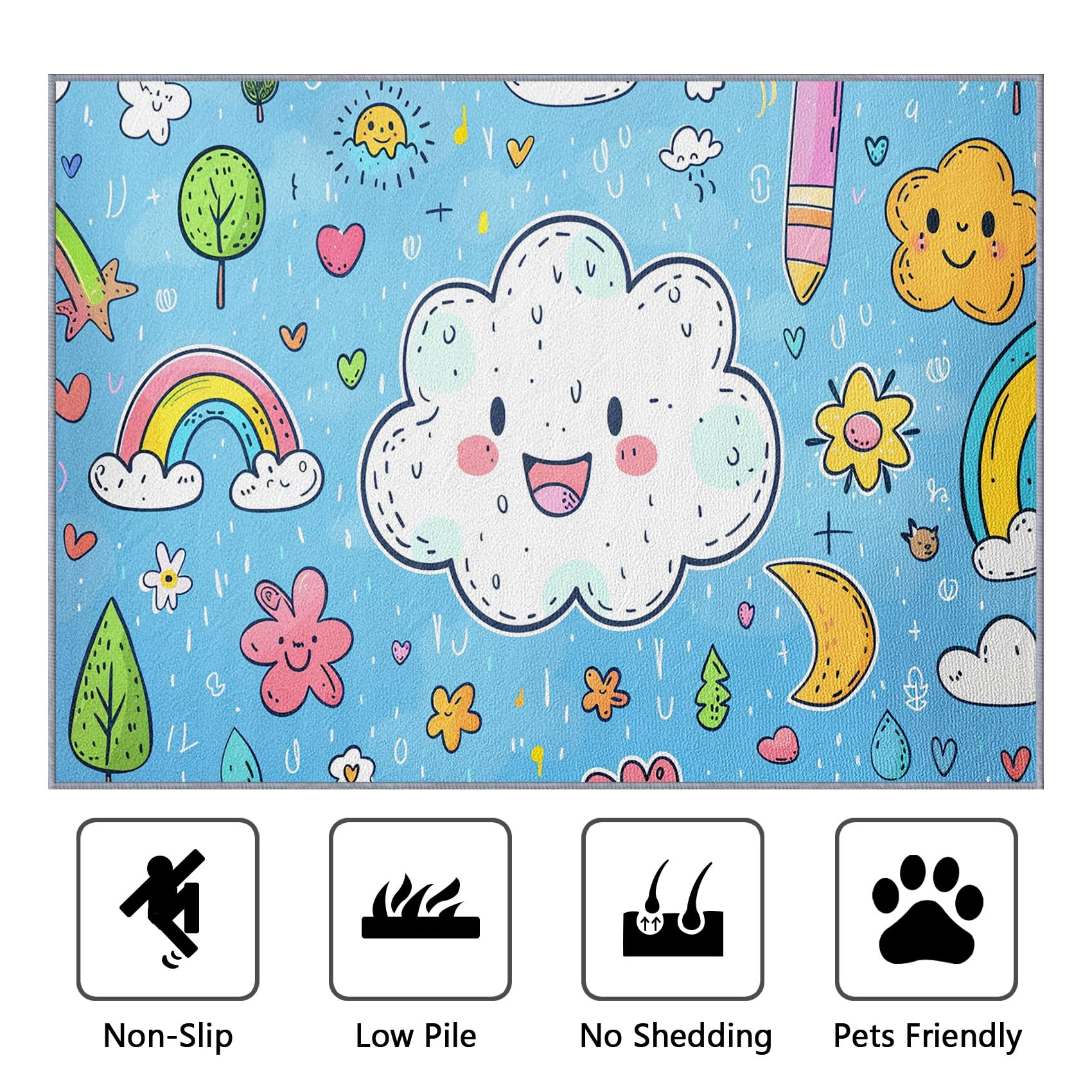 Wolke Teppich Waschbar, Süß Cartoon Regenbogen Teppich 80x150 cm, Kinderzimmer Kinder rutschfest Waschbar Pflegeleicht Teppiche Für Schlafzimmer Küche, Blau Weiß Rosa