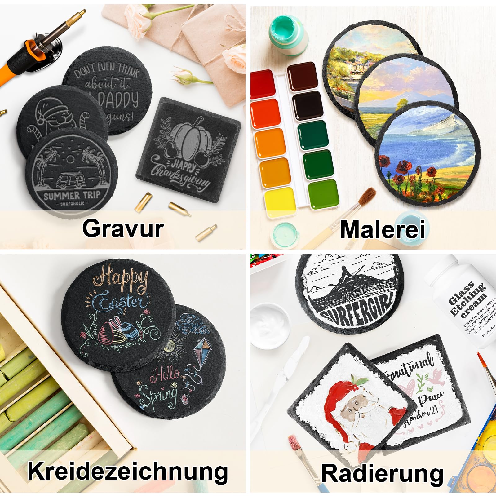 48 Stück Schiefer-Untersetzer Set für Lasergravur, MAPRIAL 10cm Quadrat und Rund Jeweils 24 Stück Natürliche Schwarze Getränkeuntersetzer für Geschenke, Hochzeiten, Weihnachten, Wohndeko