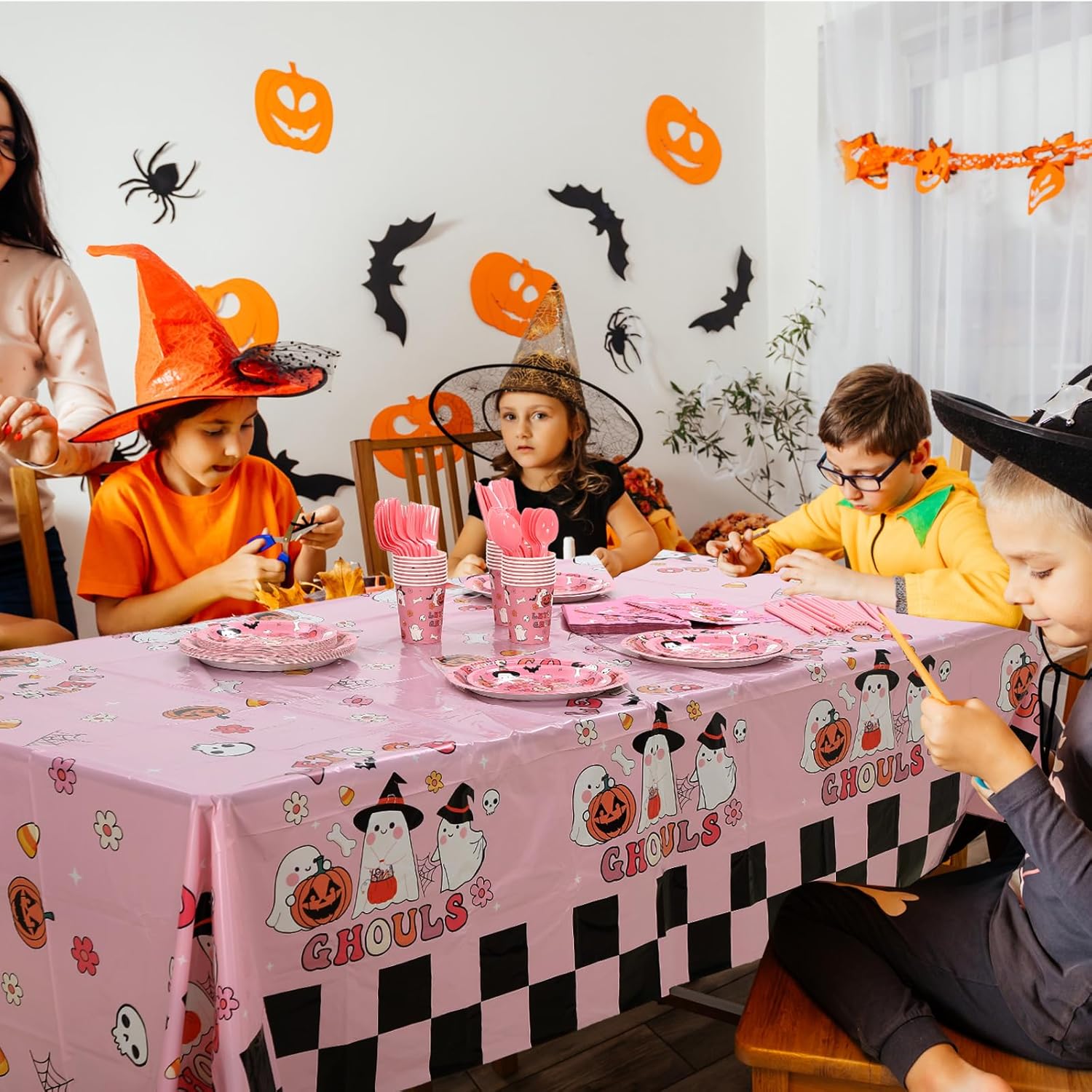 FoldTier 24 Set Halloween Party Supplies Let's Go Ghouls Pink Ghost Plates and Napkins, Plastic Tablecloth Spooky Paper Tableware for Holiday Birthday Home Table Decorations