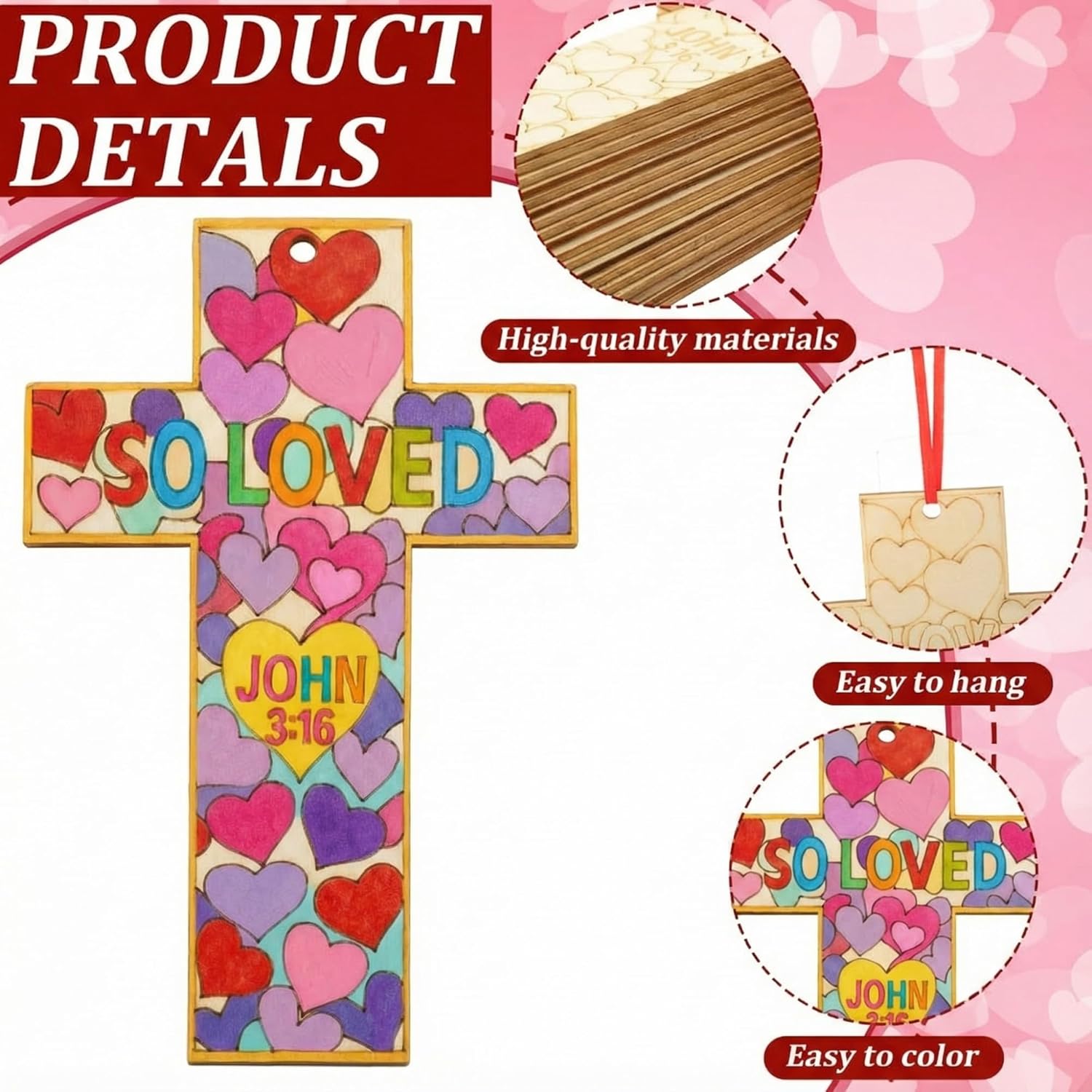 Blueweenly 24 Pcs Christian Valentines Wooden Crosses Crafts for Classroom Christian DIY Painting Crafts Religious Wooden Crosses Kits for Sunday School Party Favor Church Gifts