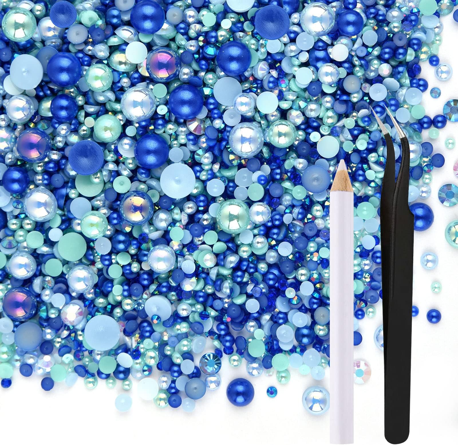 ASTARON 50g Mix Flat Back Pearls and Rhinestones for Crafts Mixed Size 3mm-10mm Flat Back Rhinestones for Crafts Flatback Pearls for DIY Tumblers Mugs Nail Art Shoes Clothes (Blue Series)