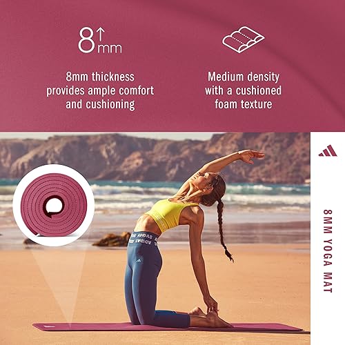 Vista 3 de adidas Yoga Mat - Eco Friendly - Non Slip, Durable Textured Surface, 8mm rubí (Mystery Ruby)