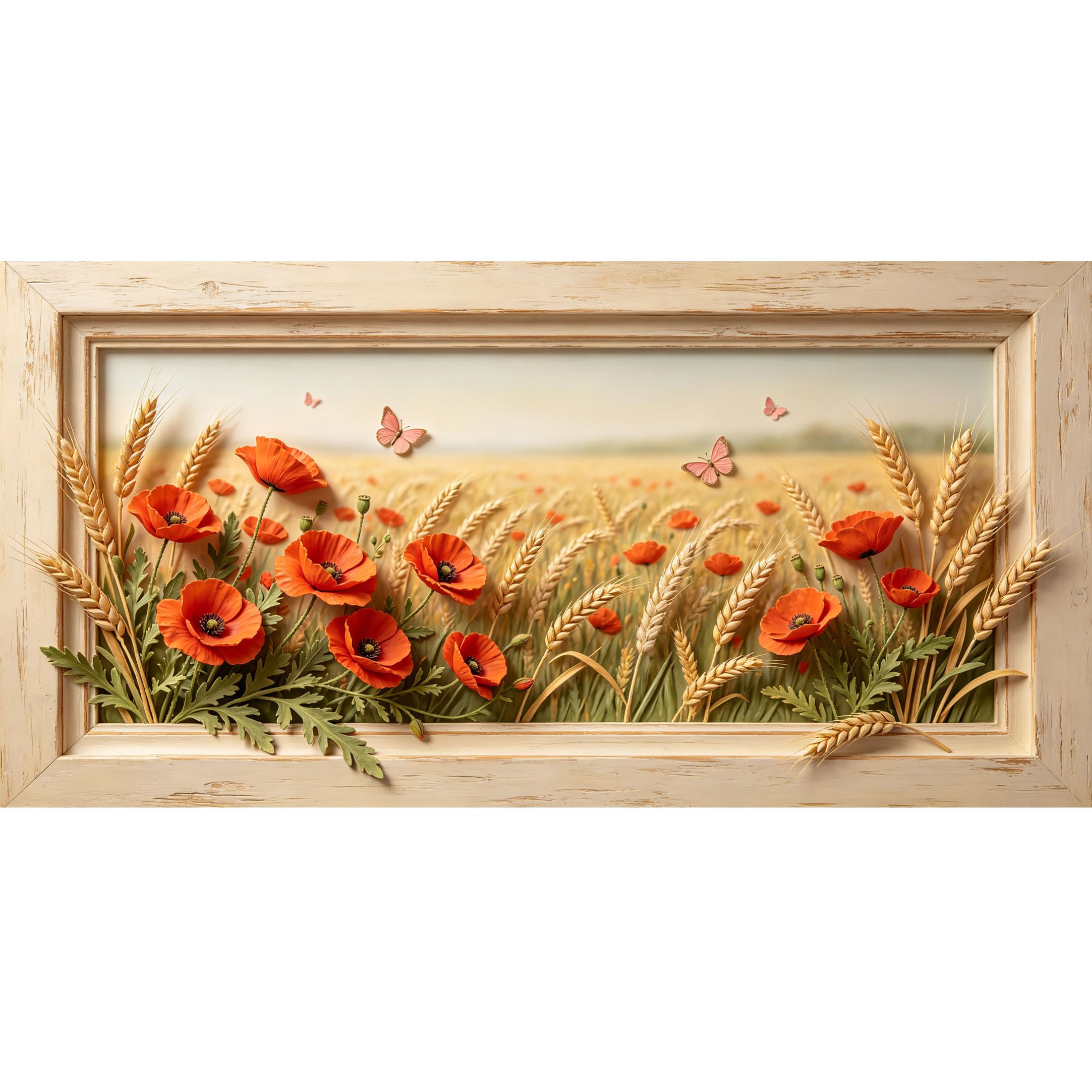 Agglomerix 3D Framed Wall Art Wheat Field Poppy Flowers Butterflies Botanical Landscape Relief Effect Large Size Self-Adhesive Removable Wall Decor Prints Artwork for Living Room Bedroom Office