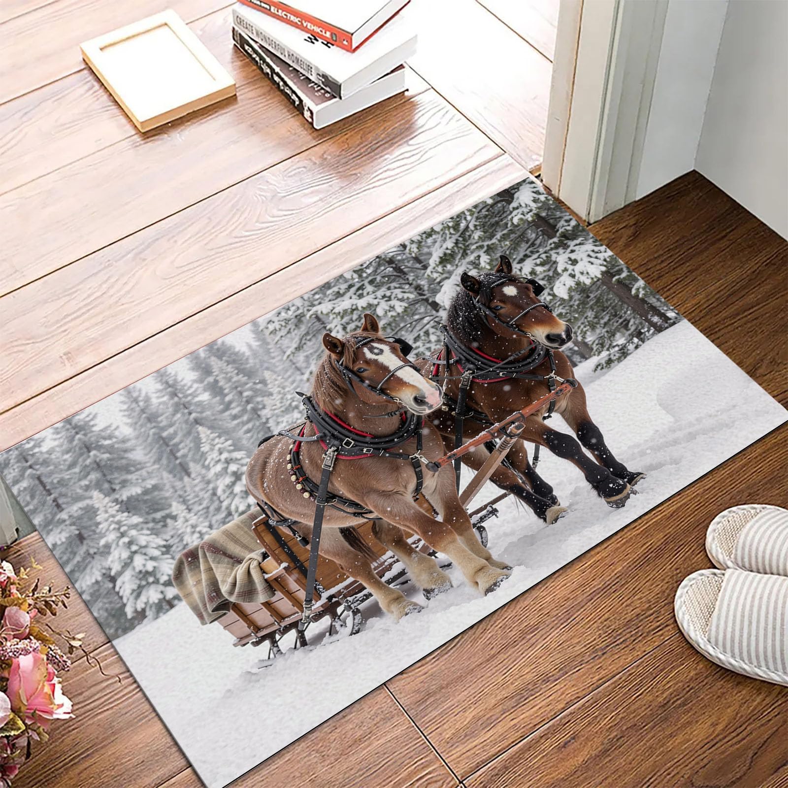 Felpudo Interior Trineo De Renos, Entrada Tienda Bosque Invernal Alfombra Cocina Lavable Antideslizante, Felpudos Entrada Suave y de Perfil Bajo Casa Baño 90x150cm