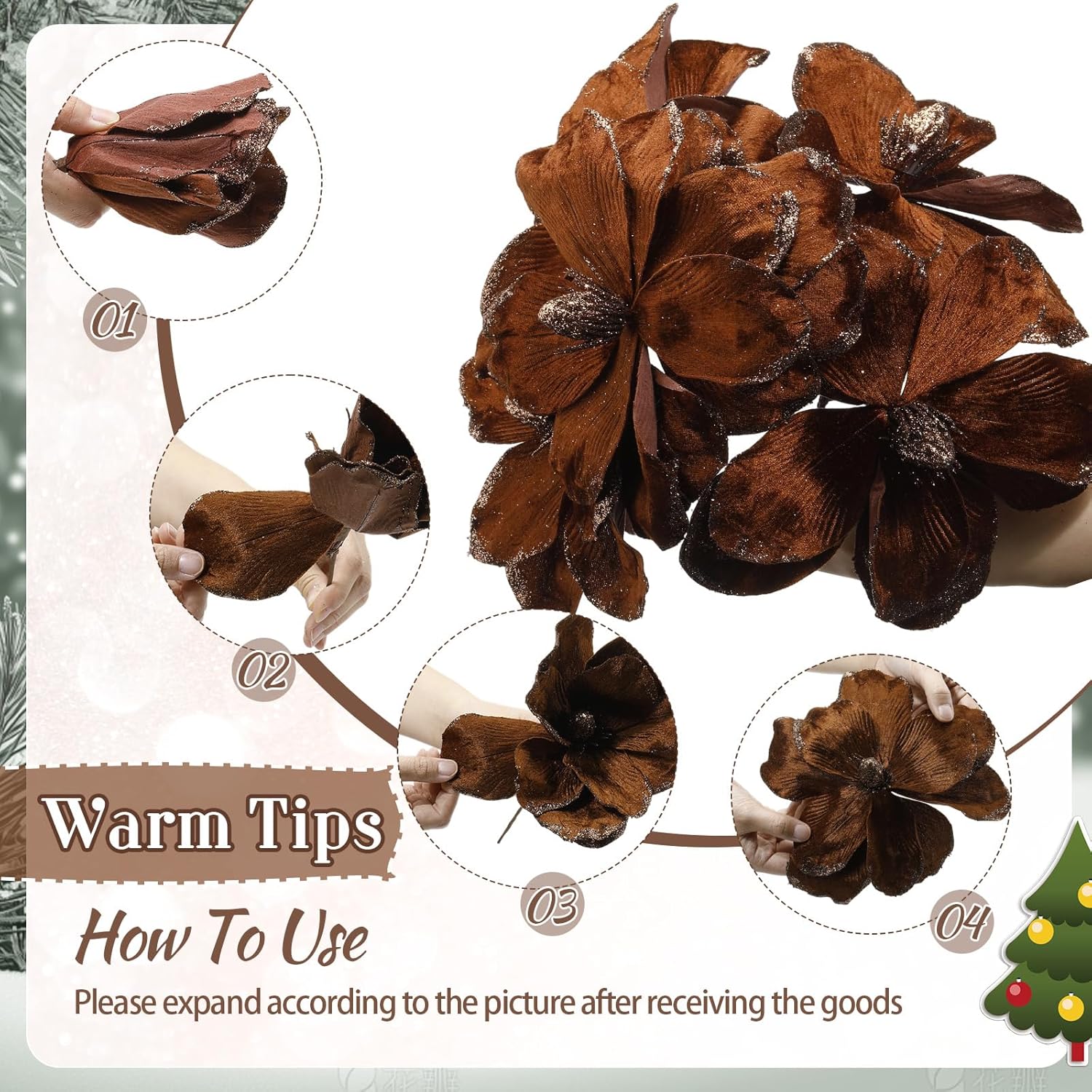 12 Pcs Large Velvet Christmas Poinsettia Magnolia Flowers Ornaments Glitter Big Heads Artificial Magnolia Flowers for Decoration Wedding Decor Supplies(Brown)