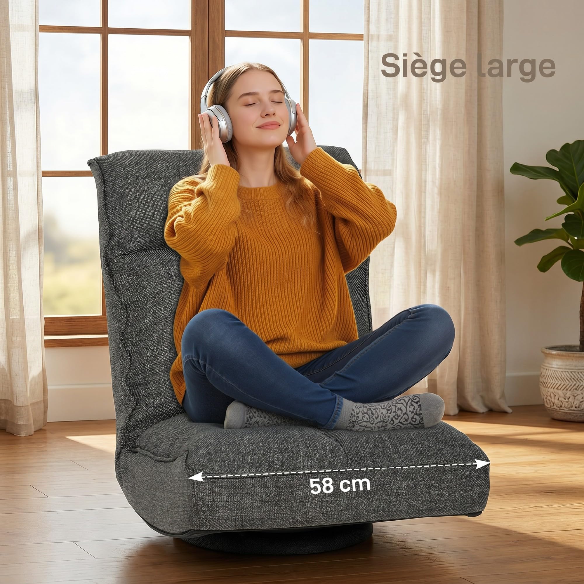 HOMCOM Fauteuil de Sol Pliable et Pivotant à 360°, Chaise de Sol Rembourrée avec Dossier Inclinable 5 Positions, Canapé Paresseux en Lin pour Salon, Bureau, Chambre, 58x107x79 cm, Gris