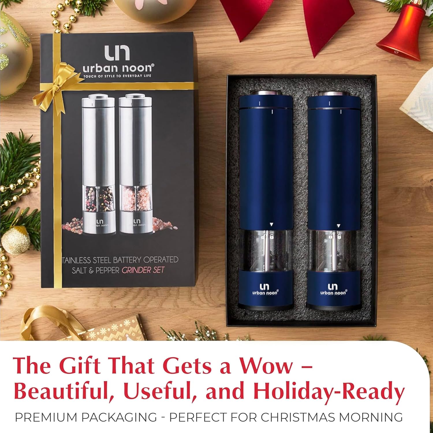 Electric Salt and Pepper Grinder Set - Battery Operated Stainless Steel Mill with Light (2 Mills) - Automatic One Handed Operation - Electronic Adjustable Shakers - Ceramic Grinders Blue