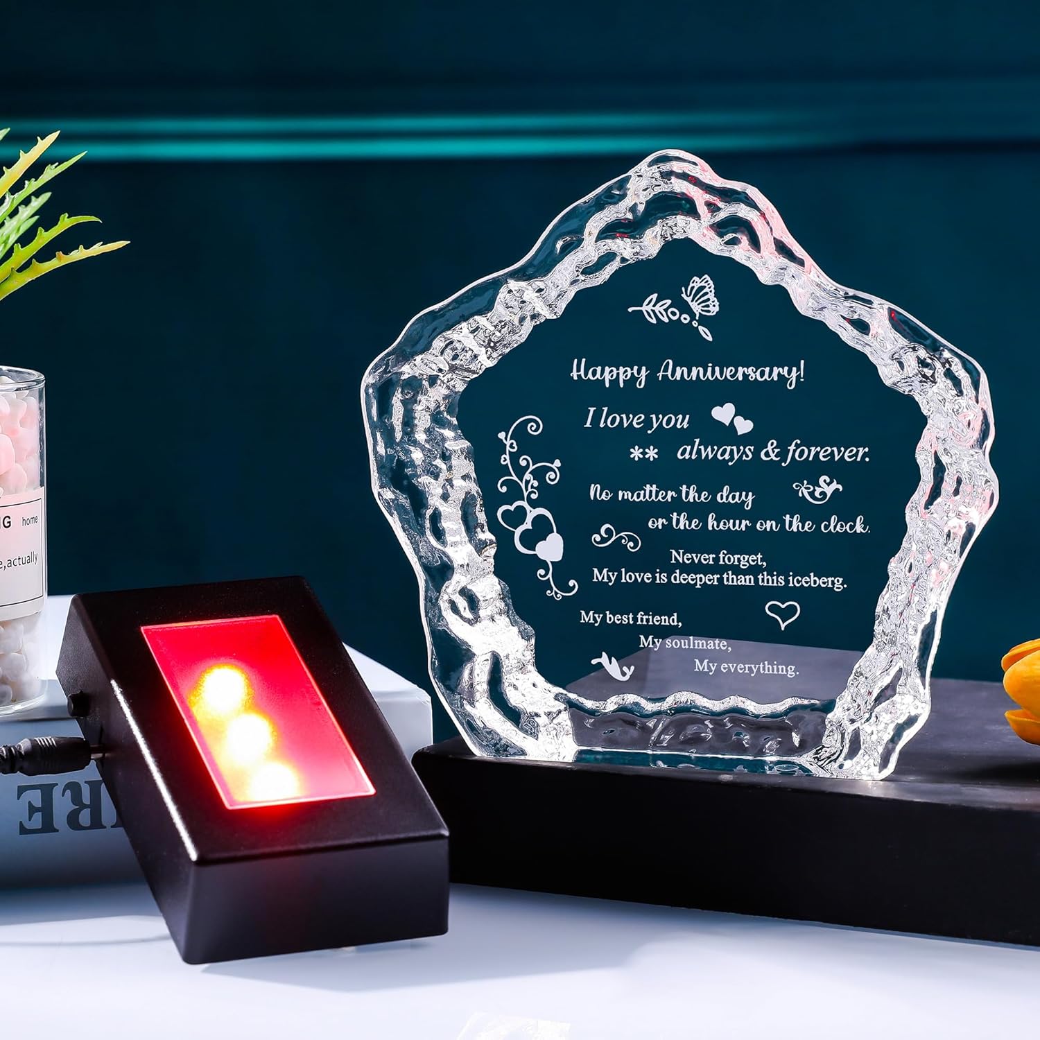 Happy Anniversary Iceberg Crystal with LED Base Laser Engraved Gift,Eternal Romance Keepsake for Couples,Wedding,Valentine's Day Present for Him or Her - Image 7