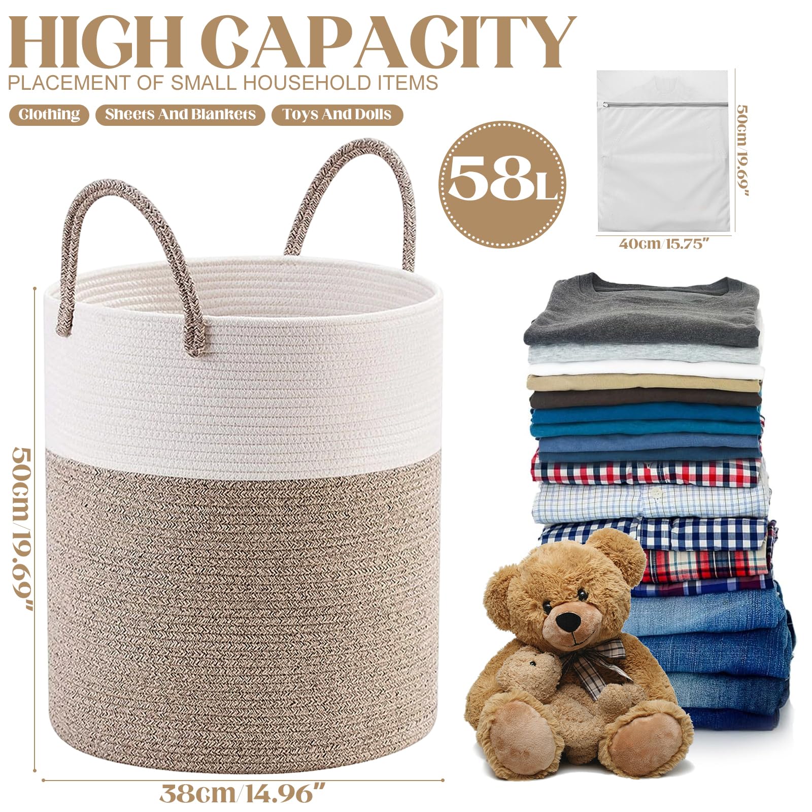 Cesto per il bucato in corda di cotone, 58L – Con 2 borse per il bucato, manici rinforzati, ideale per bucato, giocattoli e coperte(Bianco/Beige)