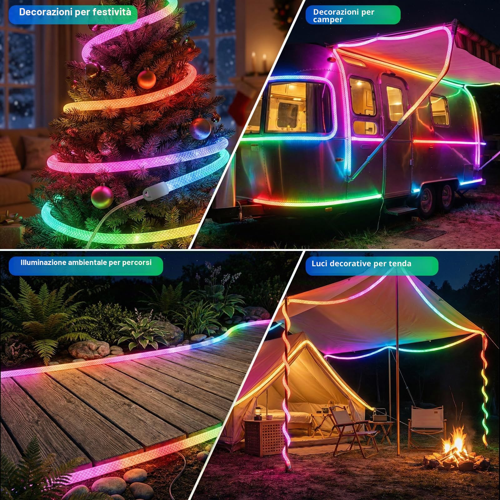 Striscia LED Neon 5M, 5V USB Strisce LED Smart IC Controllo APP | 360 Gradi Rotonda Flessibile IP67 Impermeabile con Funzione Timer Sincronizzazione Musicale per Gazebo Colonne Giardino