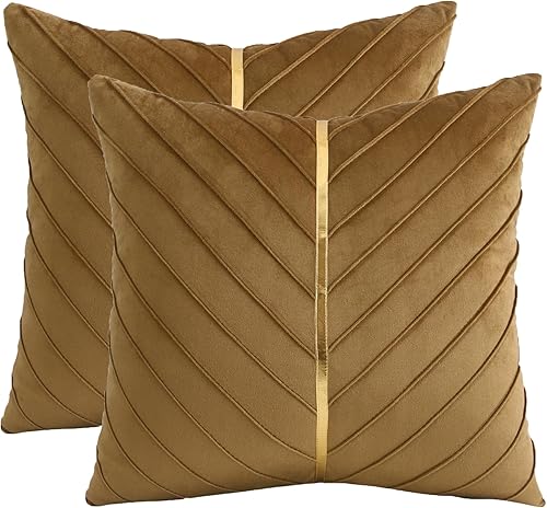 Fundas de almohada de terciopelo marrón de 24 x 24 pulgadas, paquete de 2 con fundas de almohada decorativas de cuero dorado para sofá, fundas de