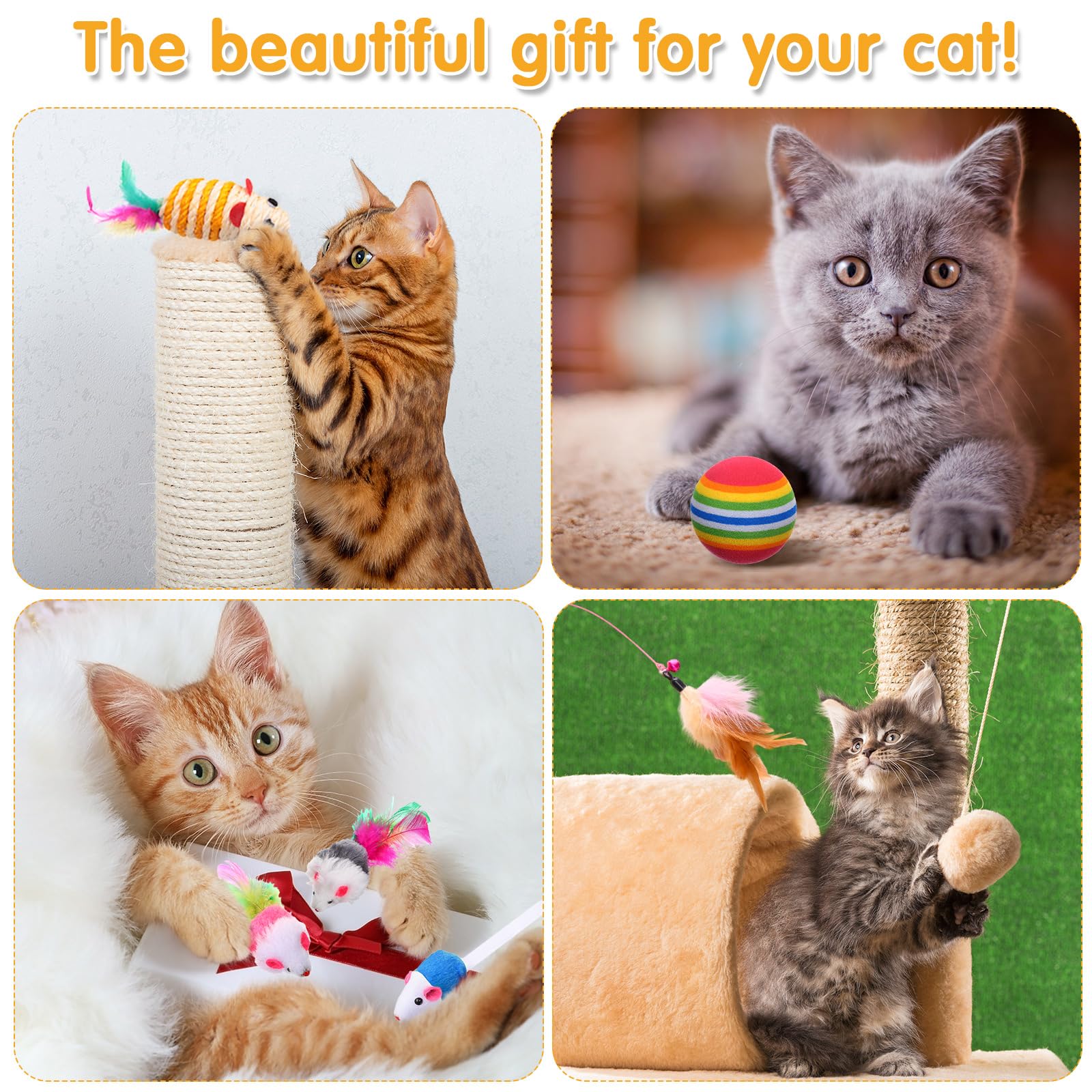 Poen Lot de 22 jouets pour chat avec 2 tunnels pliables et 20 jouets interactifs en plumes pour chat, souris moelleuse, balles froissées, pour chat, chaton et chiot (bleu, noir)