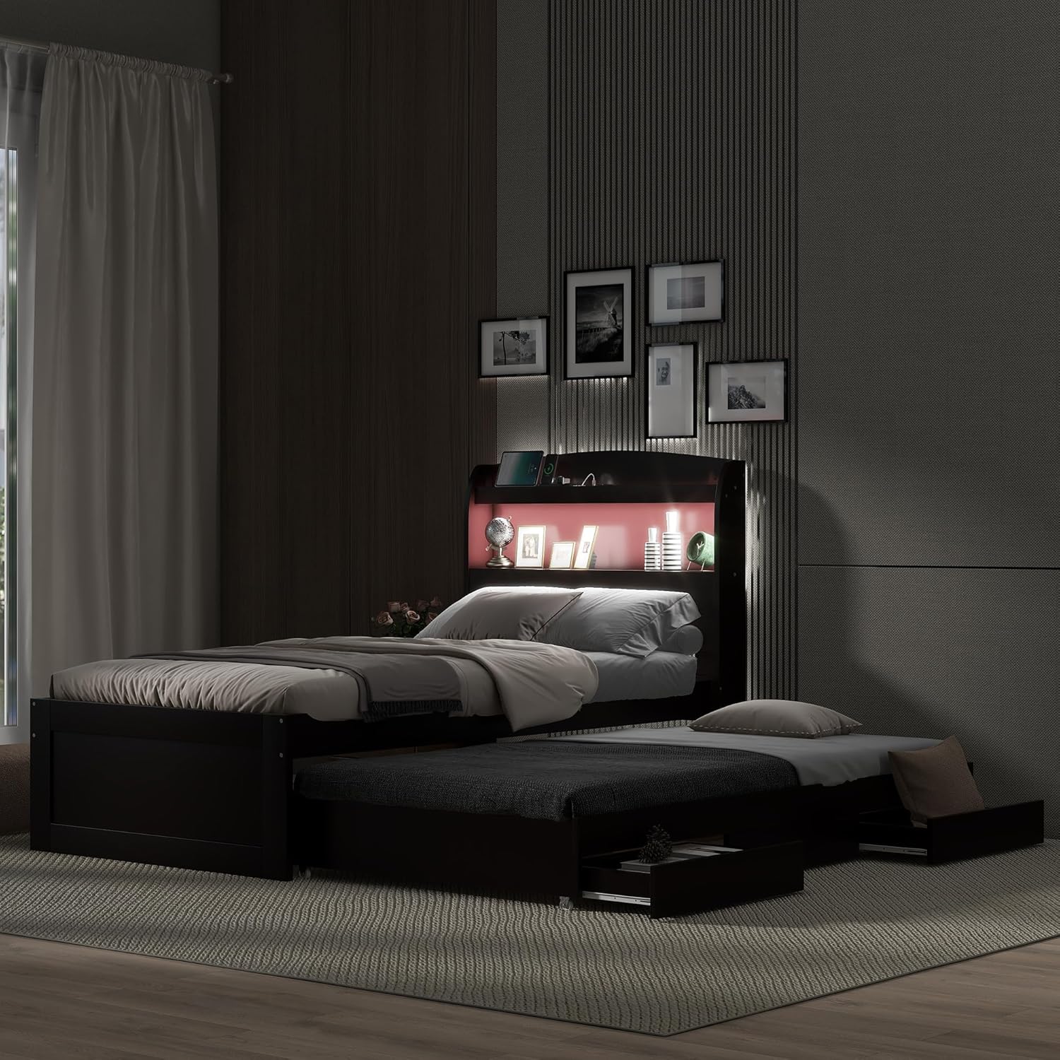 Merax Twin XL Size Bed Frame with Storage LED Headboard, USB Charging Station and 2 Drawers, Wood Platform Bed with Twin Trundle for Bedroom, No Box Spring Needed, Easy Assembly, Dark Brown