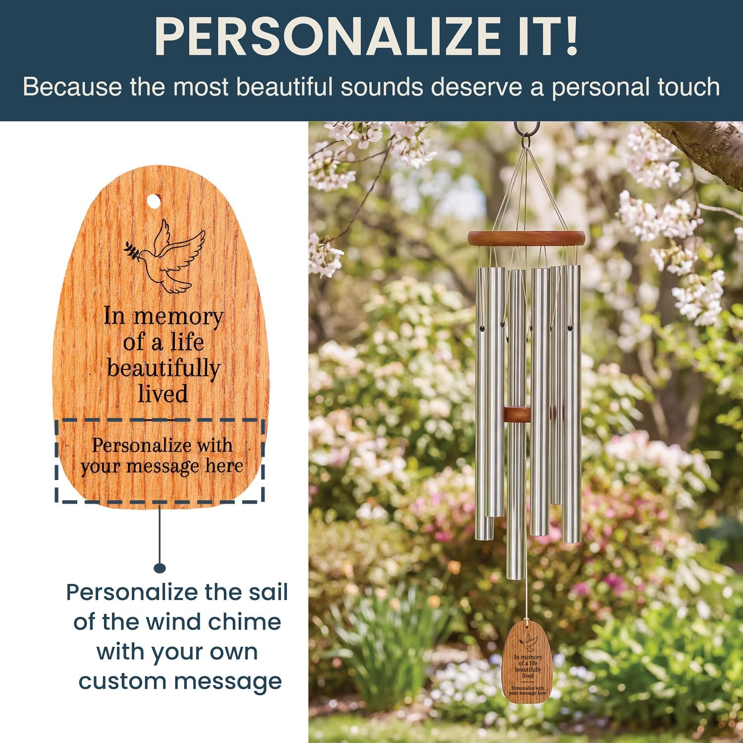 Woodstock Wind Chimes Personalized Amazing Grace Memorial Chime for Outside 24'' Medium Silver Sympathy Customized Dove Inspirational Wind Chime for Outdoor Patio Home Garden Decor