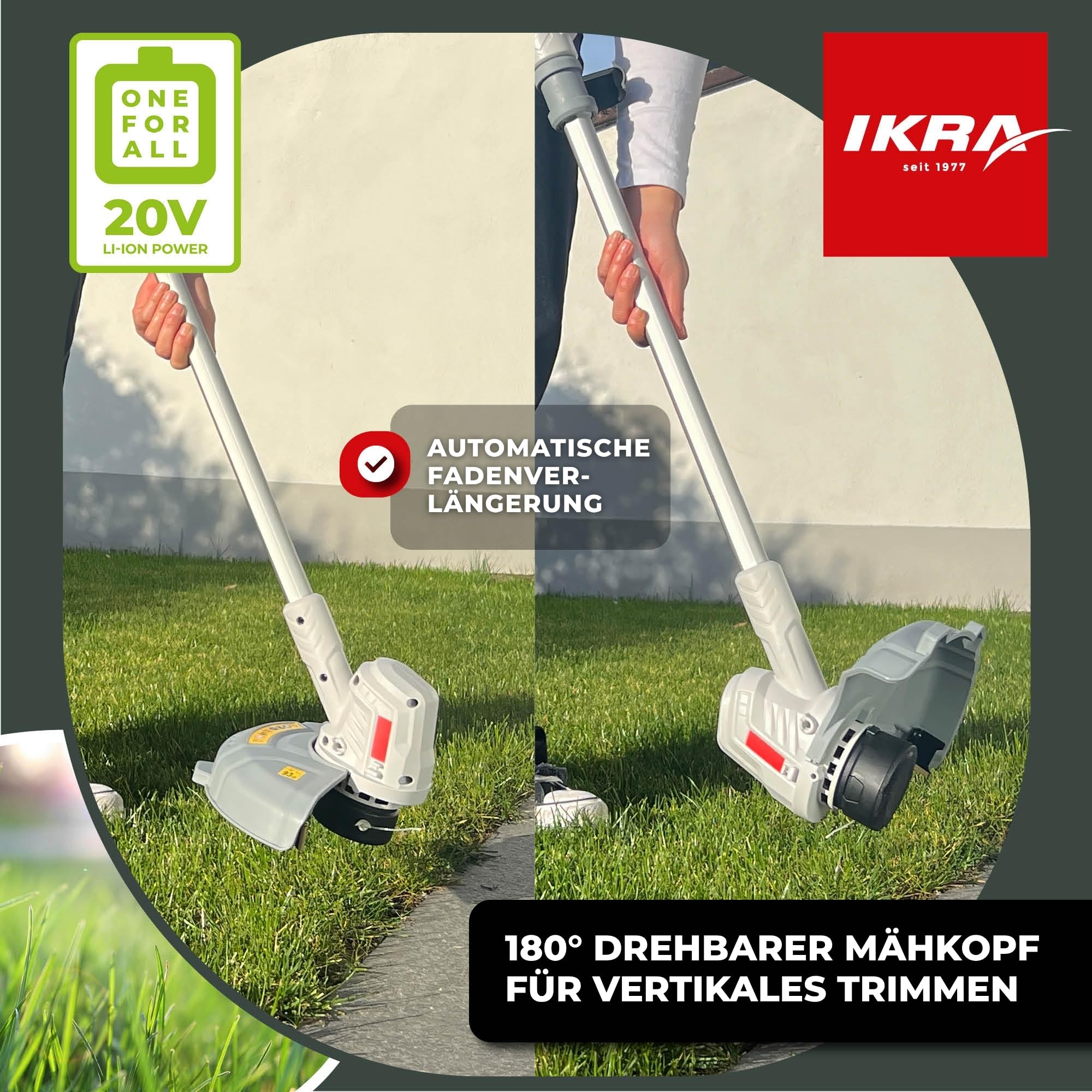 IKRA 2in1 Akku Rasentrimmer IART 2025 inkl. Fadenspule & 20 Nylonmesser | Inkl. Akku 20V 2,0Ah & Ladegerät, 2 Schneidsysteme, Teleskop-Höhenverstellung, 1,9kg leicht, 20 Volt Akku-Familie von IKRA