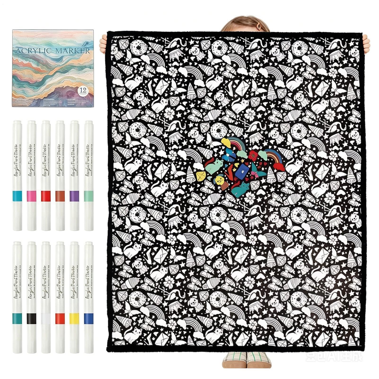 DIY-Maldecke 150×115 Cm,Wiederverwendbare Painting Blanket, Coloring Blanket Mit 24 Farben Pinsel - Waschbare Coloring Blankets Für Kinder & Erwachsene, Kreatives Bastel-set