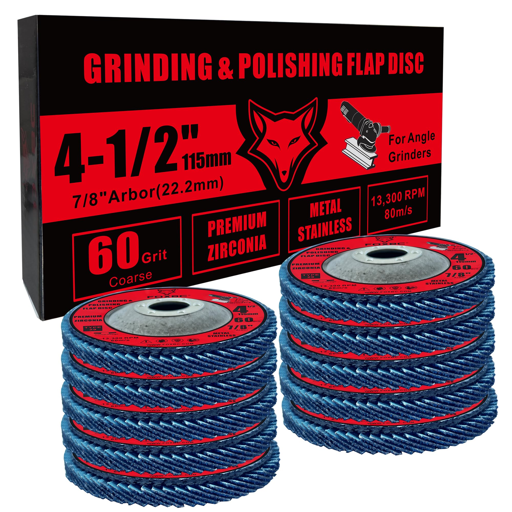 FOXBC Lot de 10 disques à lamelles grain 60 pour meuleuse d'angle, type 29, oxyde de zirconium de qualité supérieure, meulage et polissage pour métal, 10 pièces