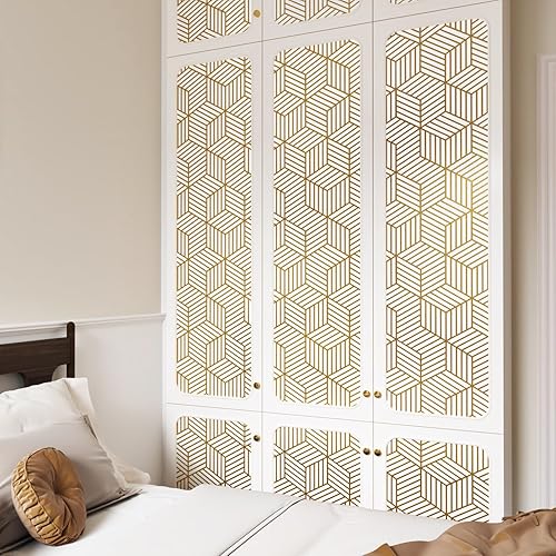 Miniatura 8 de Papel tapiz geométrico moderno de 17.7 x 118 pulgadas, papel tapiz blanco y dorado para paredes de dormitorio, papel de contacto autoadhesivo con