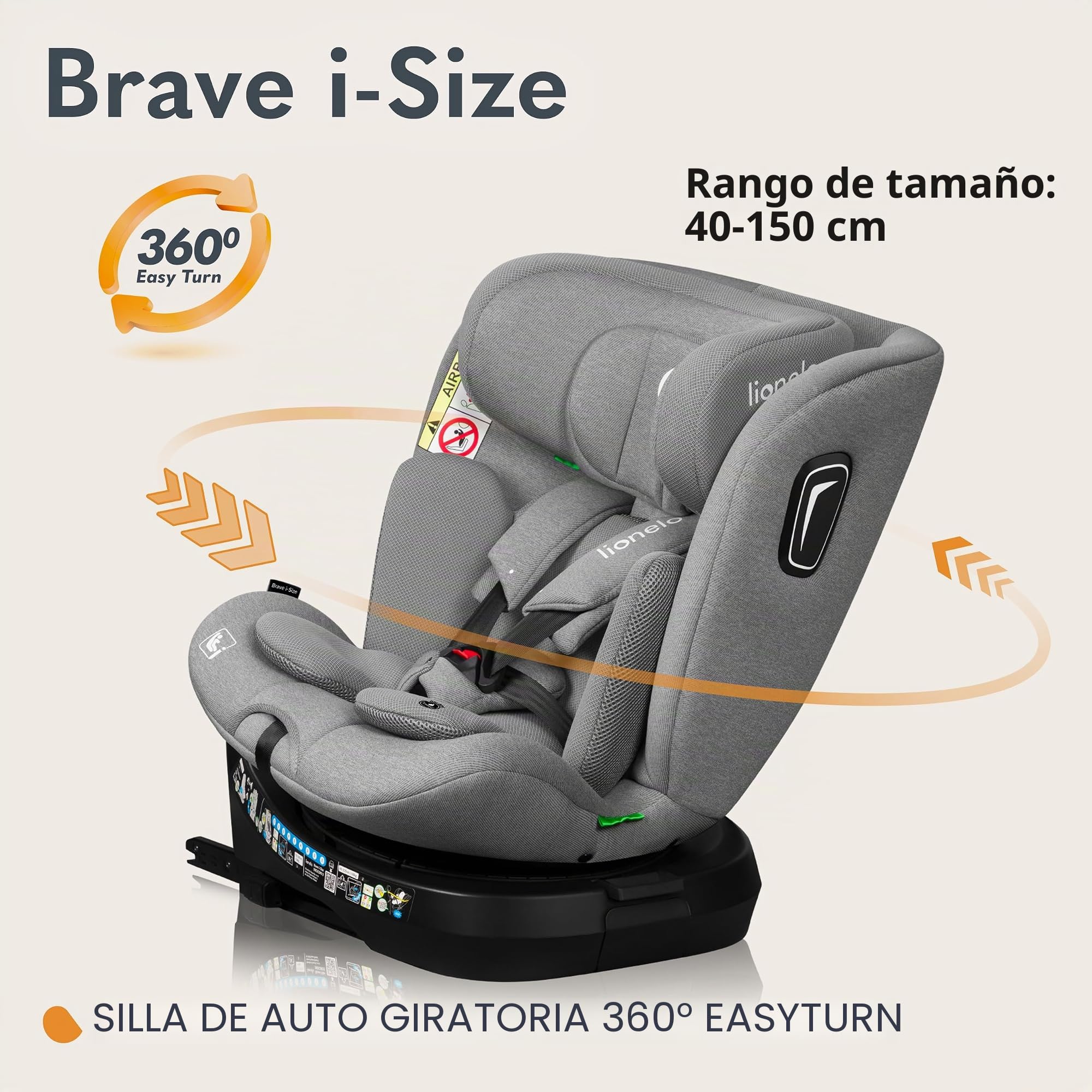 LIONELO BRAVE i-Size Silla Coche Giratoria 360o para Niños de 40 a 150 cm, Orientada Hacia Delante y Hacia Atrás, ISOFIX TopTether, Ajuste del Reposacabezas y del Respaldo Protección lateral (Grey) | Orientada hacia Delante y hacia Atrás, ISOFIX Top Tethe