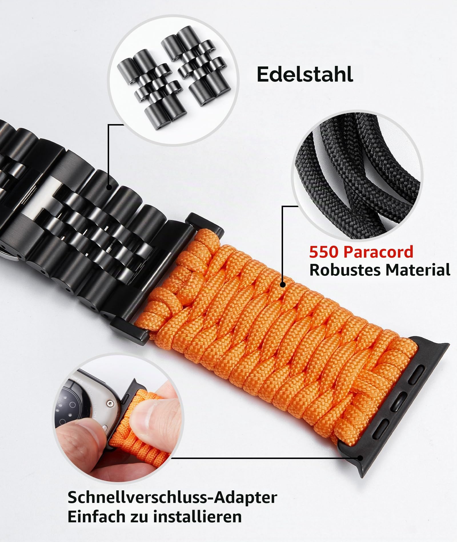BINLUN Kompatibel mit Apple Watch Armband 49mm 46mm 45mm 44mm 42mm 41mm 40mm 38mm Geflochten 550 Paracord Stahl Sport Armbänder Kompatibel mit iWatch Ultra3/2/1 SE3/2/1 Series 11/10/9/8/7/6/5/4/3/2/1