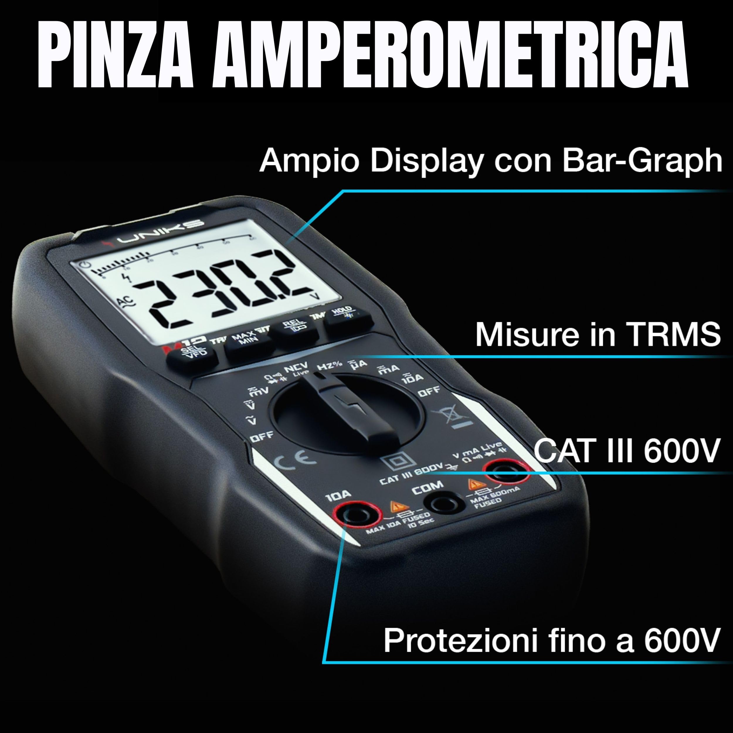 UNIKS - Multimetro Digitale Professionale TRMS - Multimetro M12 6000 Conteggi - Tester Digitale Display LCD e Luce LED - Tester Professionale Rilevamento NCV Senza Contatto e Filtro Passa Basso