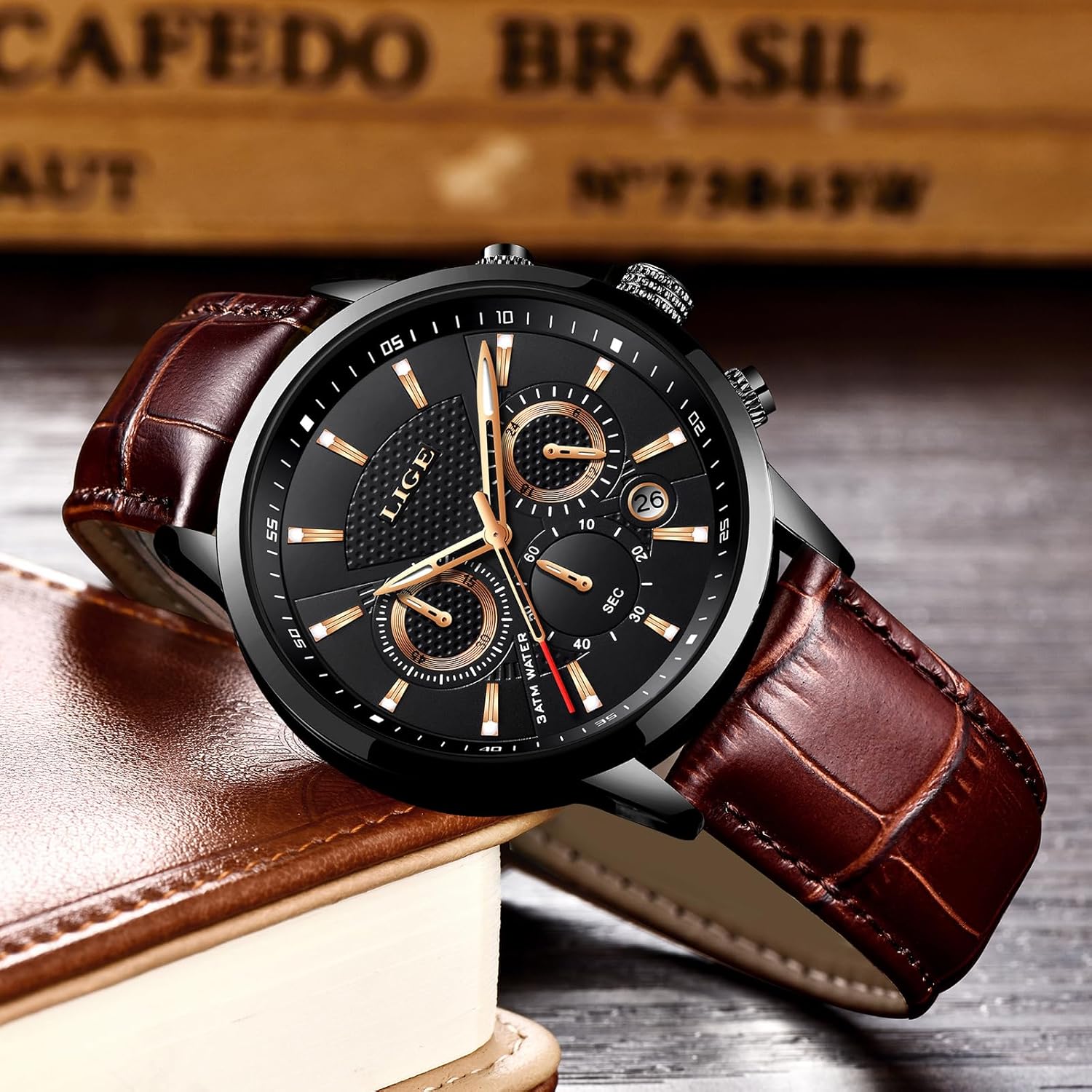 LIGE Wrist Leather Watches for Men Analog Dress Chronograph Waterproof Vintage Work Casual Quartz with Date Display Chronograph Luminous 30M Water Resistant Business Classic Mens Watch