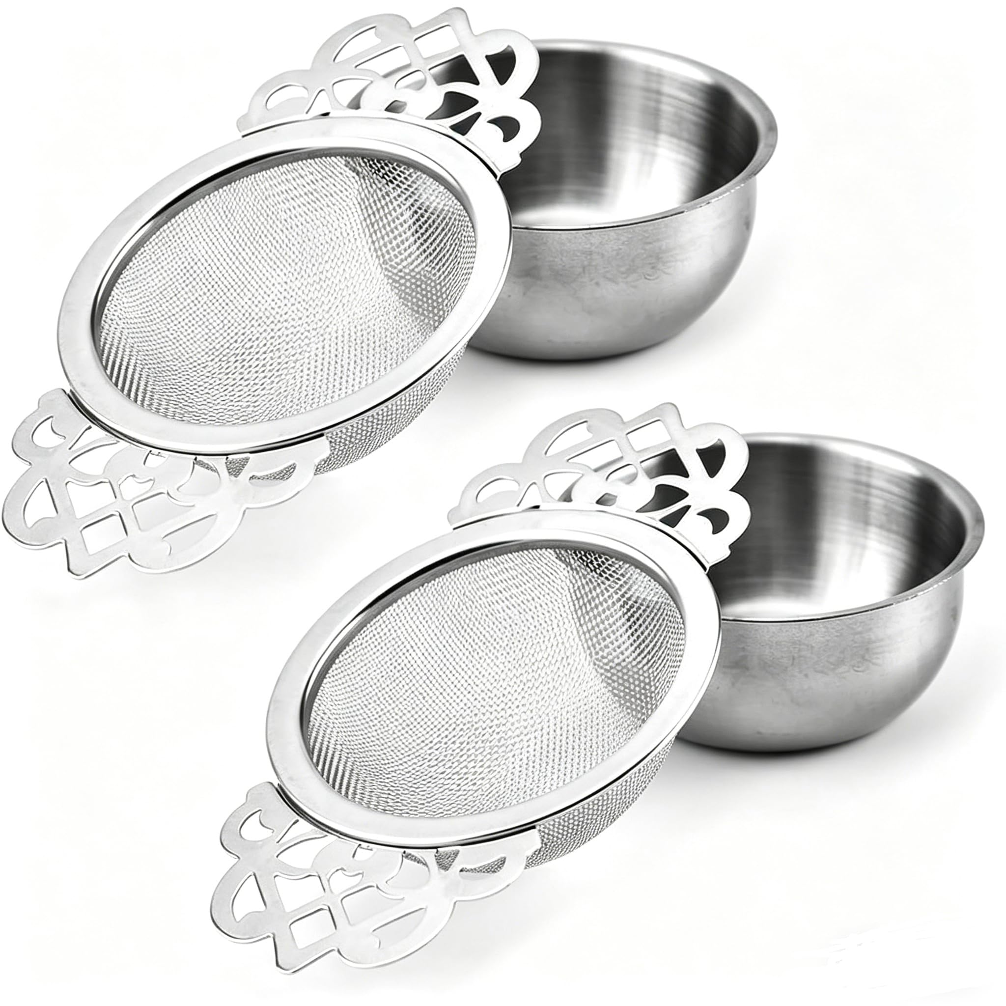 2-Pack Tea Strainer Stainless Steel, Fine Mesh Tea Strainers for Loose Tea with Drip Bowl, Smooth Edge Ergonomic Handle Loose Leaf Tea Strainer for Teapot Cup