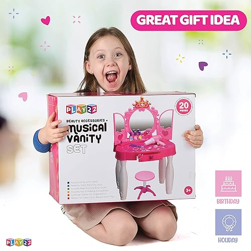 Miniatura 7 de Play22 Juego de tocador para niñas con espejo y taburete, 21 piezas, juego de mesa de maquillaje para niños con luces y sonidos, incluye accesorios