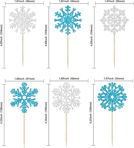 Miniatura 3 de 24 adornos de copos de nieve para cupcakes de invierno con purpurina azul y plateada para cupcakes de copos de nieve de invierno, decoración de