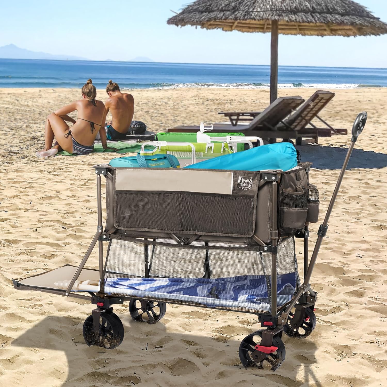 TIMBER RIDGE 400L Large Capacity Folding Double Decker Wagon with Brakes, 54 Extra Long Extender Wagon Cart, 450lbs Heavy Duty Collapsible Cart, All-Terrain Big Wheels for Camping, Sports, Shopping