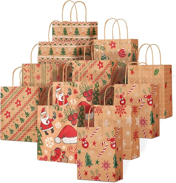 UMIPUBO 12 Pieces Christmas Kraft Bags Paper Bags Holiday Party Bag Kraft Giving Goody Gift Paper Bags with Handles Xmas Assorted Paper Bags (A)