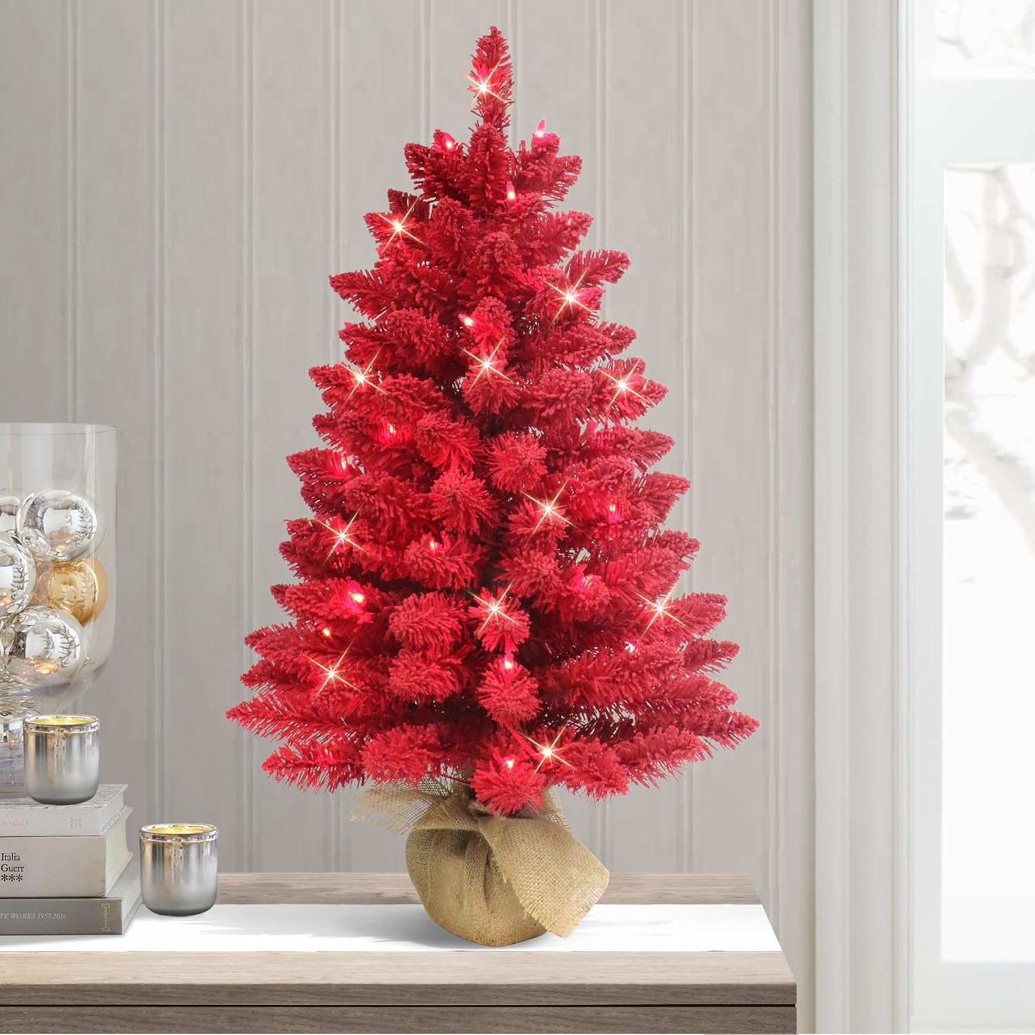 Puleo International 3' Pre-Lit Artificial Flocked Fashion Red Tree 3ft Red