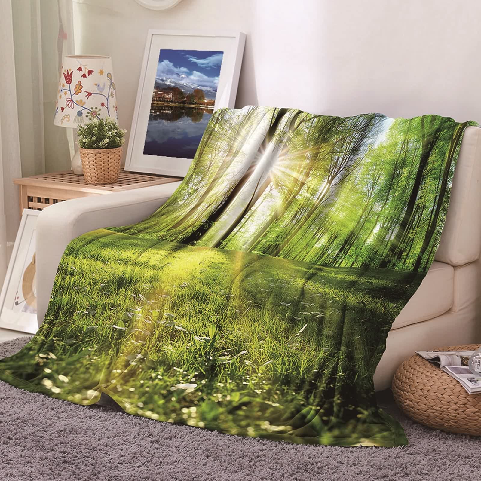 Plaid chaude et douce en flannel KnSam lit et canapé motif arbres