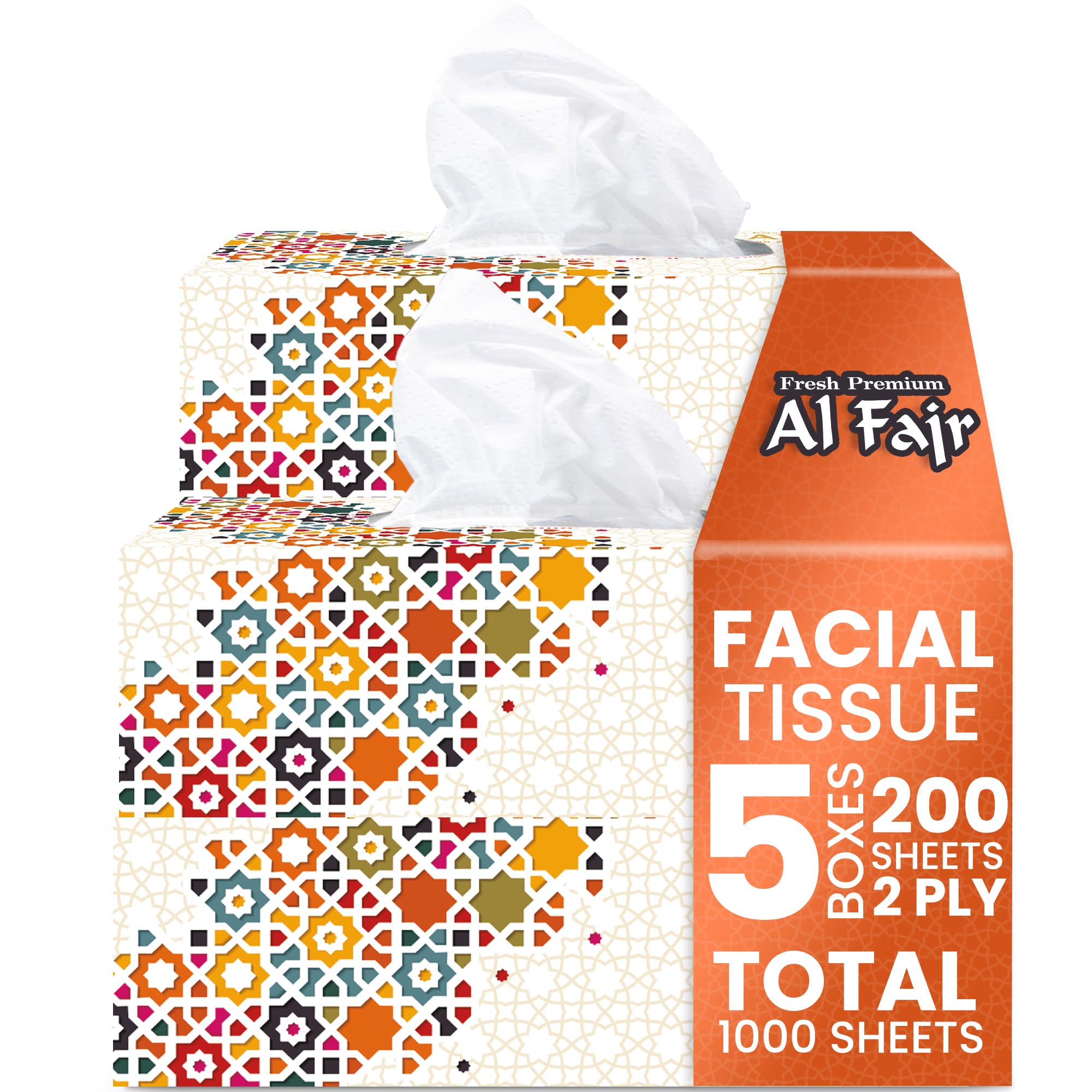 Al Fajr Facial Tissue Box Pack of 5, 200 Sheets x 2 Ply Each, Total 1000 Sheets