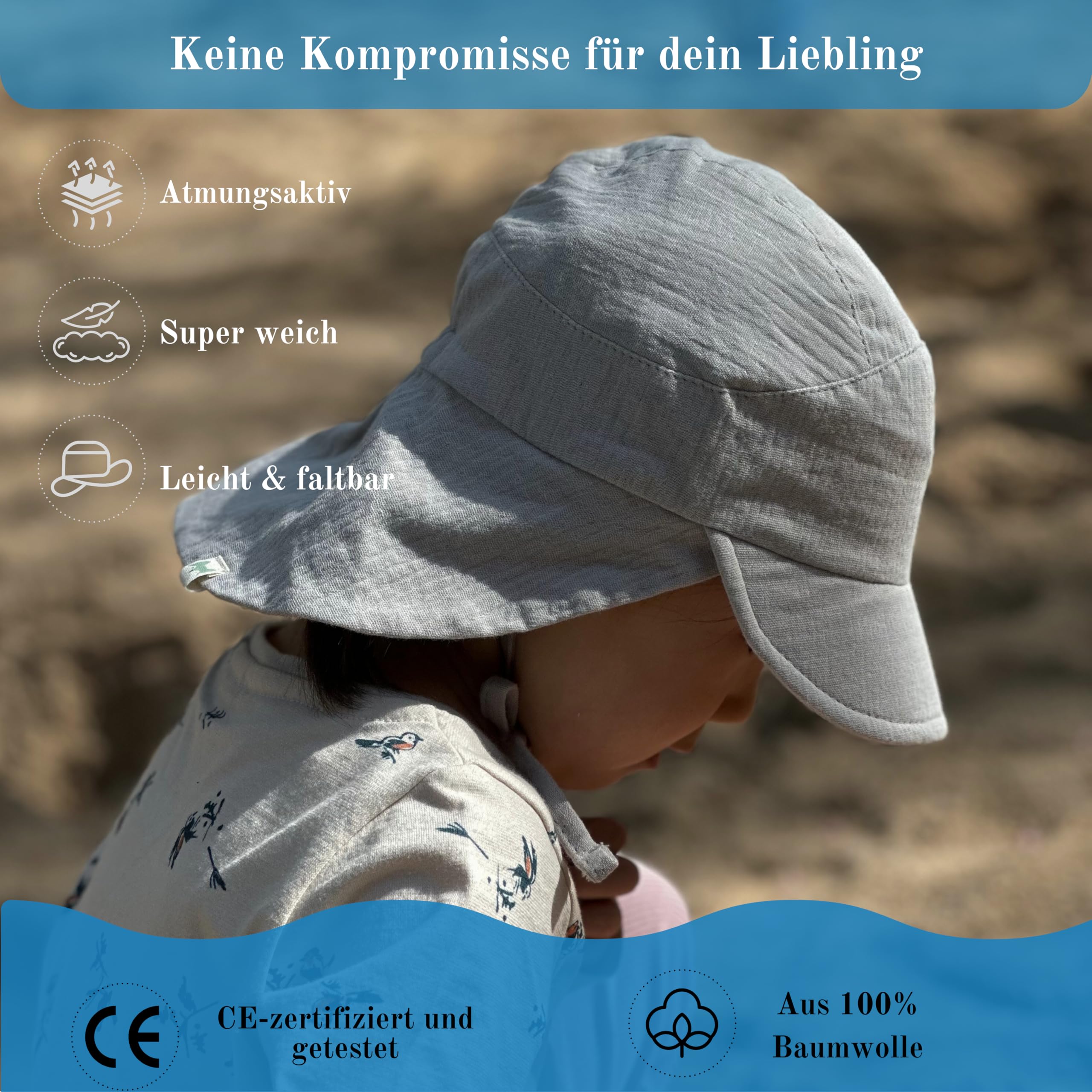 Musselin Schirmütze Sonnenhut mit Nacken- und Ohrenschutz UV-Schutz (UPF 50+) für Babys und Kinder - Unisex - 5