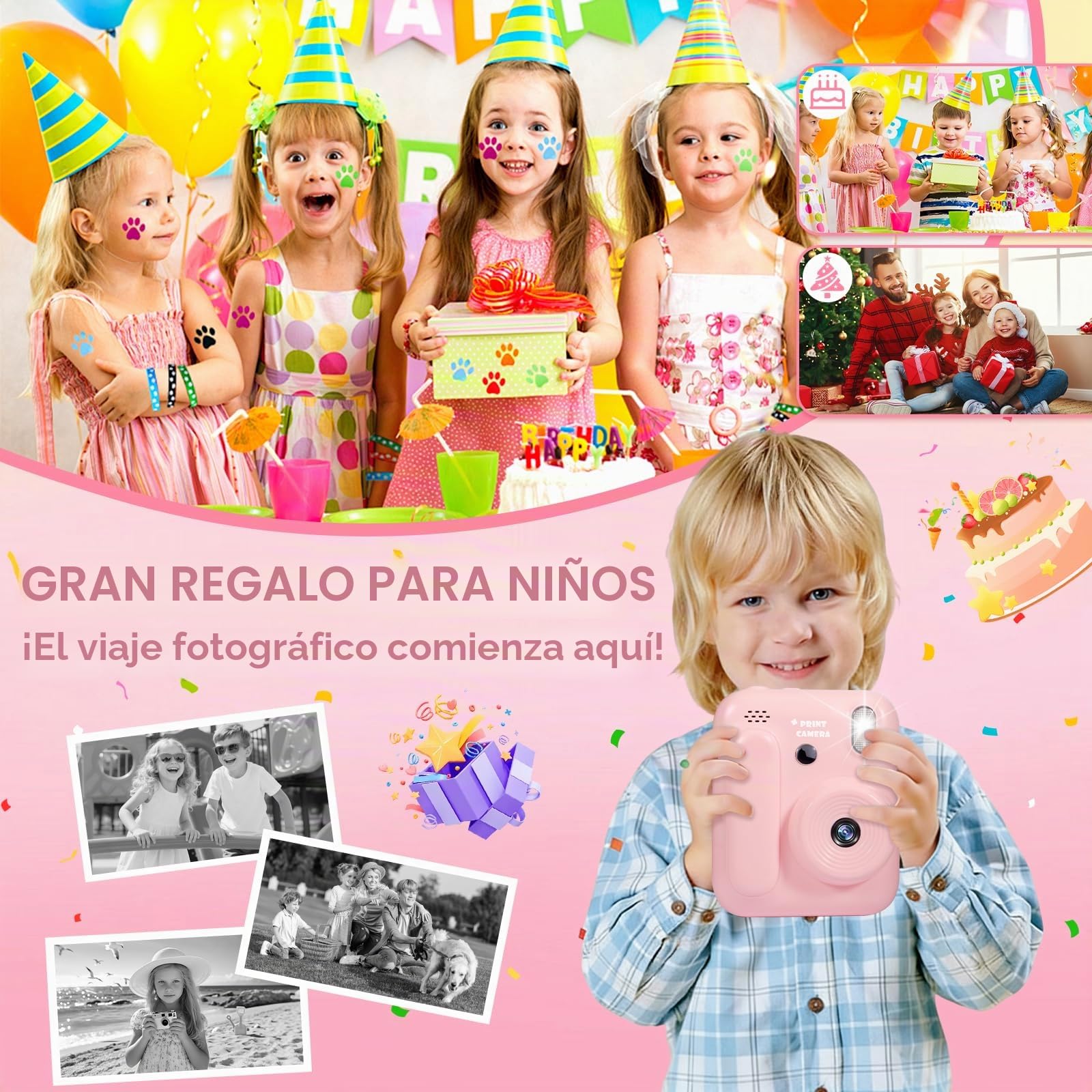 Camara Fotos Infantil Instantanea,2,4 Pulgadas 48 MP Camara Instantánea,HD 1080P Cámara Fotos Infantil con Tarjeta de 32GB y 6 Papel de Impresión,Regalo para Niñas y Niños de 3 a 12 Años