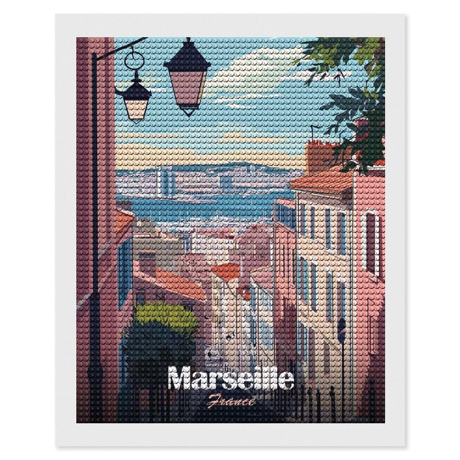 Junmoney Marseille France Cityscape Travel DIY Diamond Art Canvas Kit 16"x20", Decorate Your Room, Sparkling Round Gems, Fun Craft Experience, Farmhouse Decor