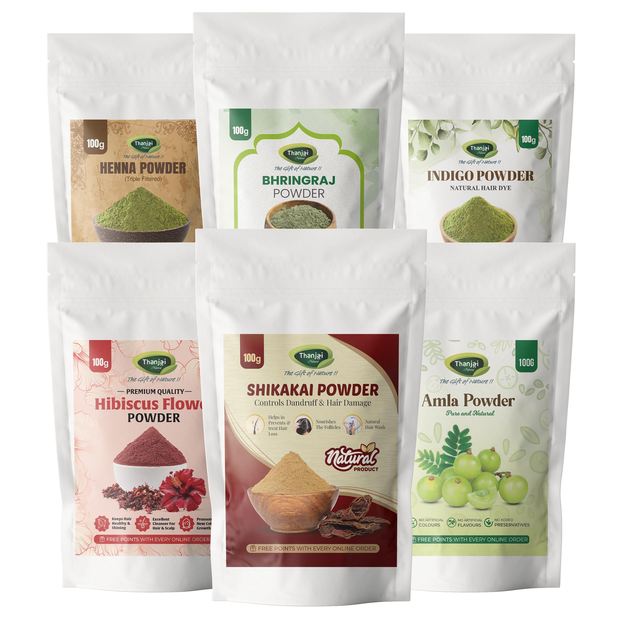 Thanjai Natural Amla, Indigo, Shikakai, Bhringraj, Henna & Hibiscus Powder Combo (100g Each) | Herbal Hair Care Powder Kit | Natural hair Cleanser Conditioner | No Chemicals, No Preservatives