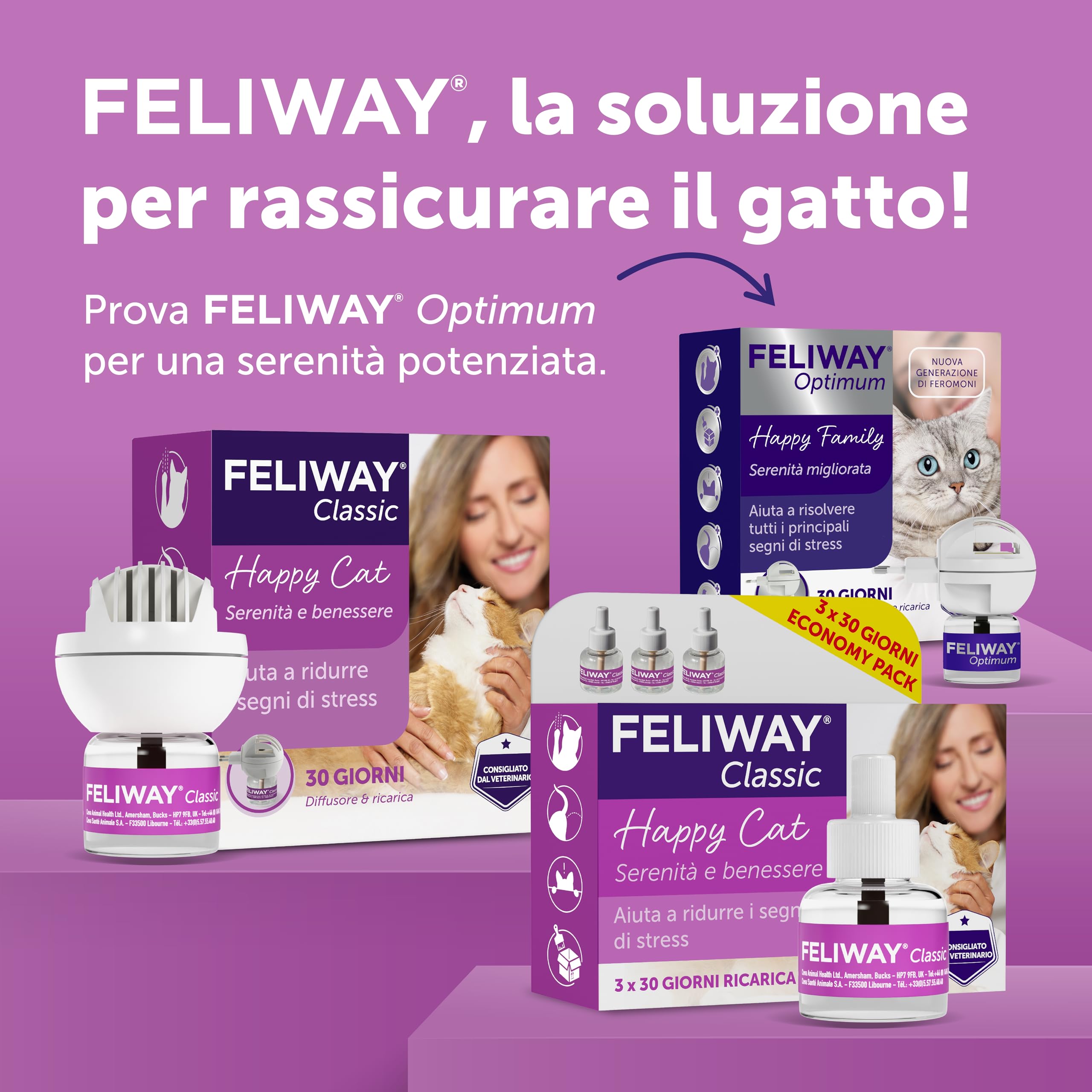 FELIWAY Classic 3x30 Giorni di Ricariche Calmanti per Diffusore di Feromoni, Confezione da 3x48 ml – Aiuta a risolvere i segni comuni di stress nei gatti e gattini, Raccomandato dai Veterinari